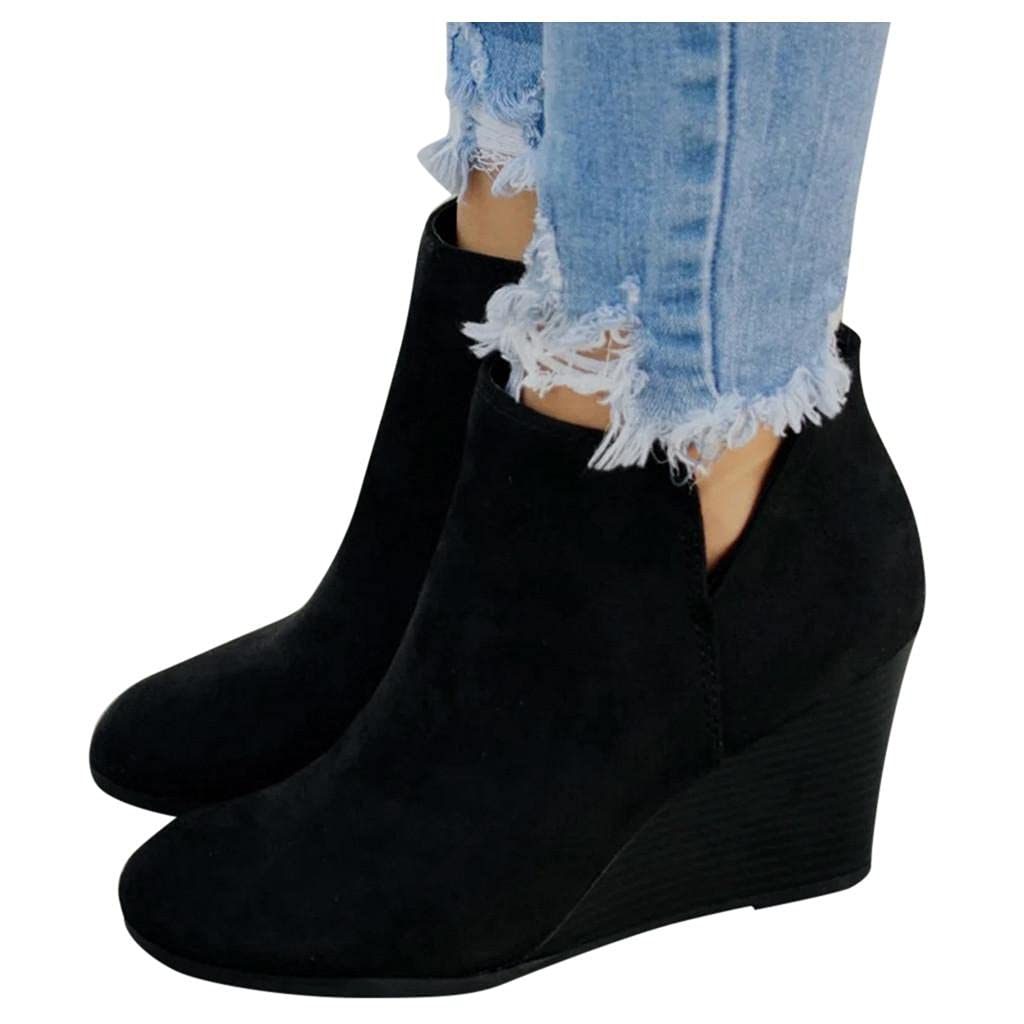 Soyienma Women's Ankle Boots - Slip-On Side Zipper Platform Wedge Heel Cowboy Boots for Trendy Outfits | Perfect for Casual Wear, Night Out & Western Style Fashion