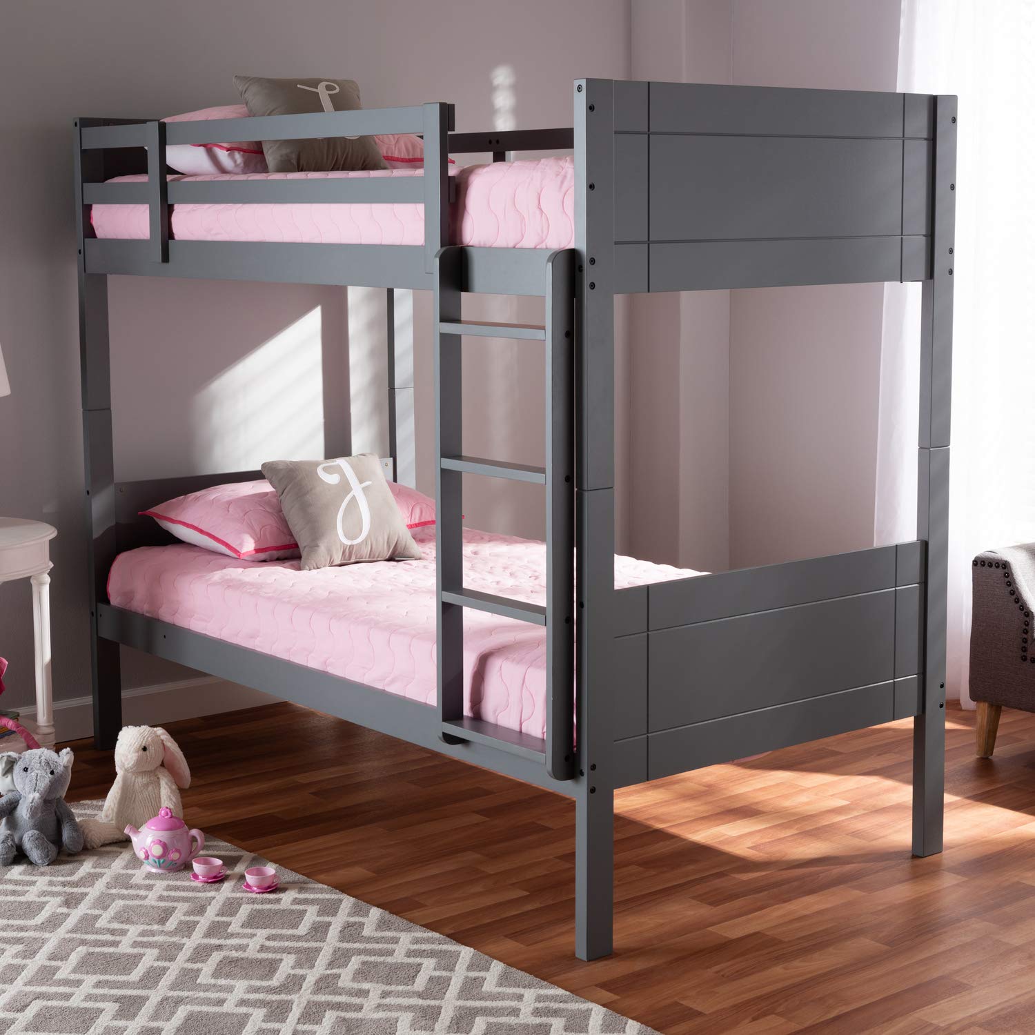 Baxton Studio Elsie Modern Twin Bunk Bed - Grey Wood Finish, Space-Saving Kids Bedroom Furniture for Small Rooms & Shared Spaces