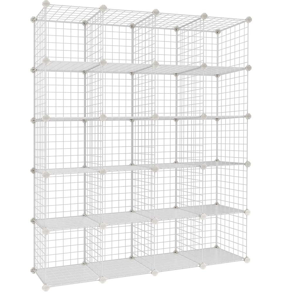 20-Cube Organizer Shelf - Modular Wire Storage Shelves, Metal Grid Bookcase with White Finish | Perfect for Closet Organization, Kids' Toy Storage & Home Office Decor