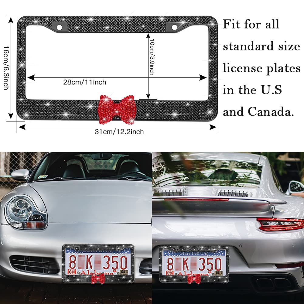 OTOSTAR 1 Pack Bling License Plate Frame with Ribbon Bow - Handcrafted Shiny Rhinestones Premium Stainless Steel 2 Hole License Plate Holder with Anti-Theft Screw Caps Set (Black/Red Bowtie) - Perfect for Car Decoration, Gift Giving & Customizing Your Vehicle