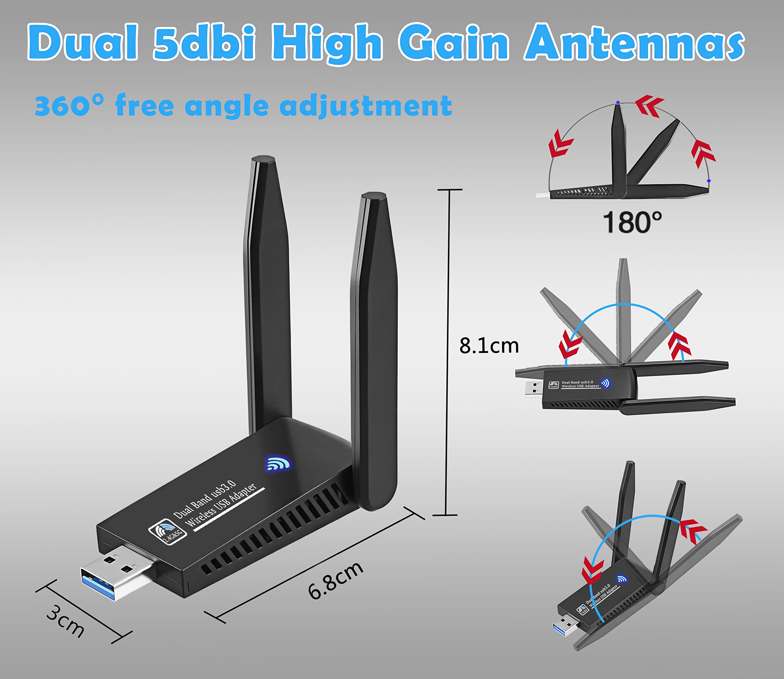 1300Mbps High-Speed USB WiFi Adapter for PC - Dual Band 5GHz/2.4GHz with 2 Antennas, USB 3.0 Wireless Network Dongle for Laptop/Desktop, Compatible with Windows 11/10/8/7/Vista/XP - Perfect for Gaming, Streaming & Home Office