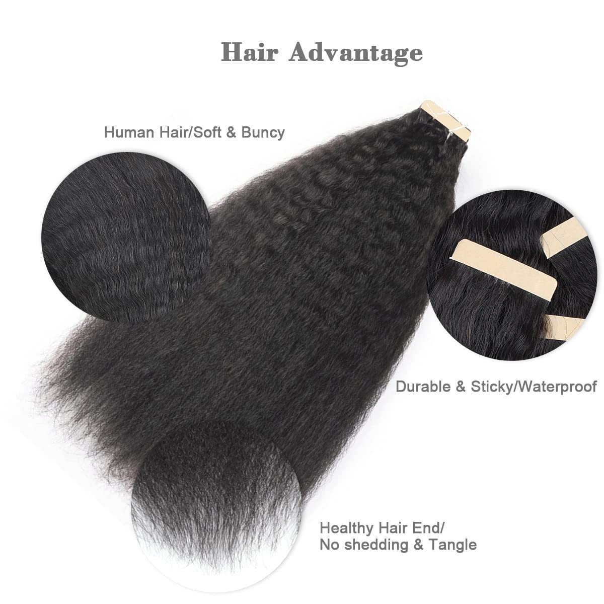 MY SHINY WIGS Kinky Straight Tape In Hair Extensions - 100% Human Hair - 40 Pieces (100g/Pack) - Seamless Skin Weft - Natural Black - 20 Inch - Perfect for Daily Styling, Parties & Special Occasions