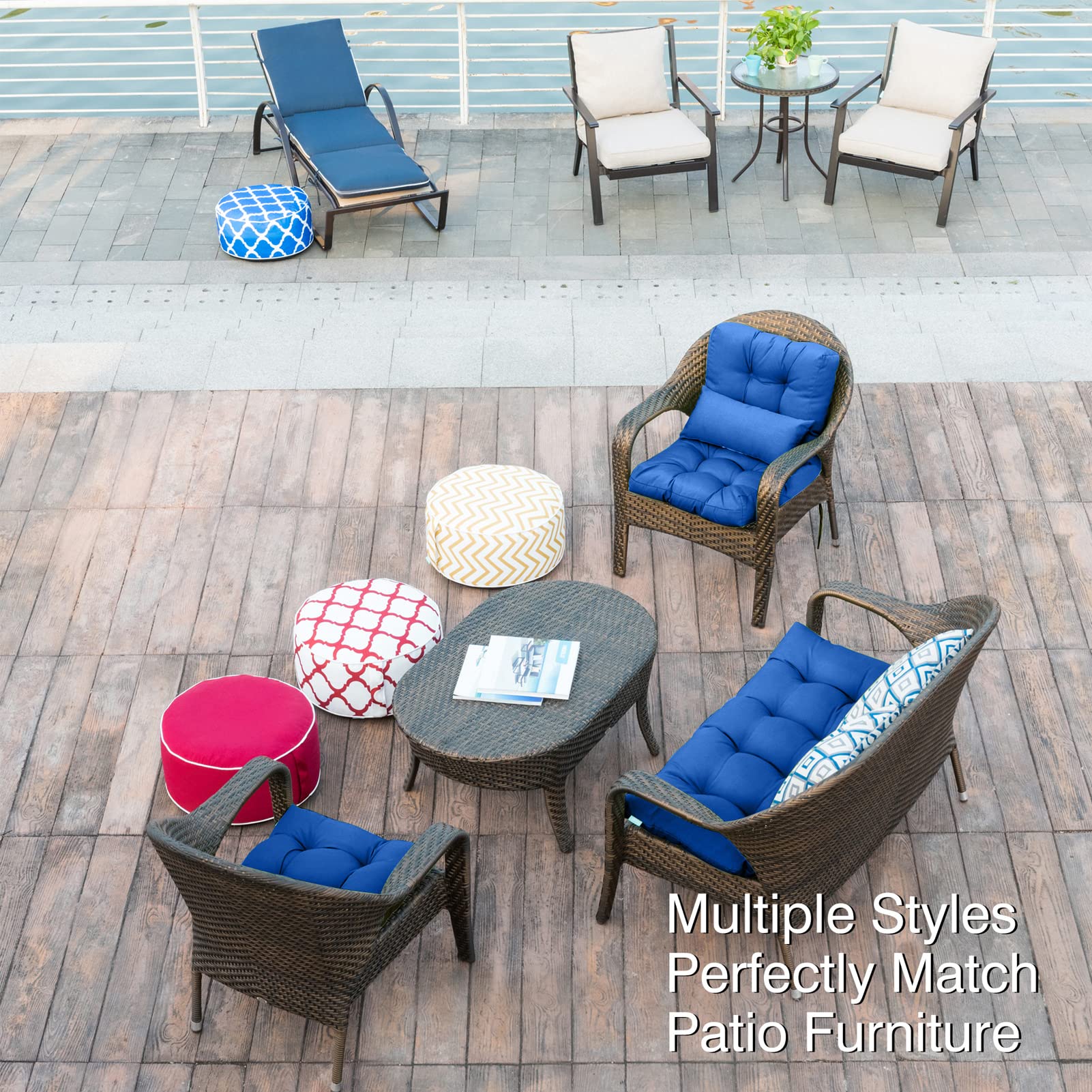 QILLOWAY Outdoor Seat & Back Chair Cushion - Tufted Pillow for Patio Furniture, Spring Summer Seasonal Replacement (Royal Blue) - Perfect for Garden, Deck, Poolside & Outdoor Lounging