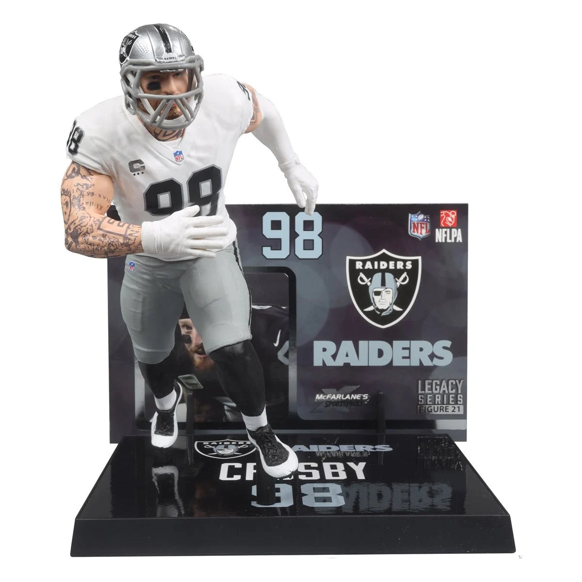 Maxx Crosby Las Vegas Raiders White Jersey NFL Platinum Chase Posed Figure 2024 - Perfect for Sports Collectors, Game Room Decor, and Raiders Fans Gifts