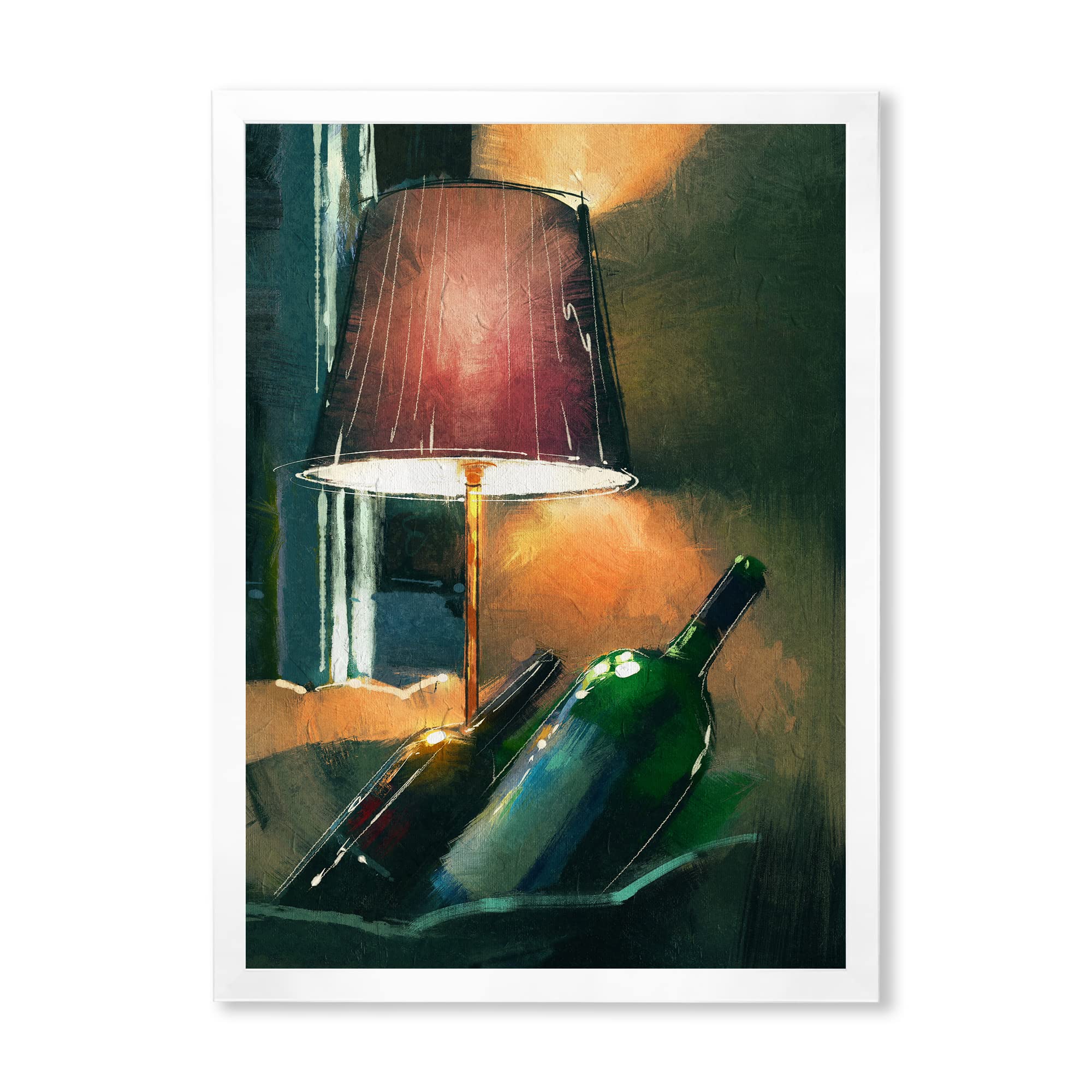DesignQ Glowing Orange Wine Bottles & Lamp - Modern Framed Wall Art for Home Decor, Perfect for Living Room, Bedroom or Bar Lighting at Night
