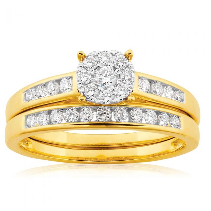 9ct Yellow Gold 2 Ring Bridal Set With 1/2 Carat Brilliant Cut Diamonds - Perfect for Engagement, Wedding & Anniversary Gifts