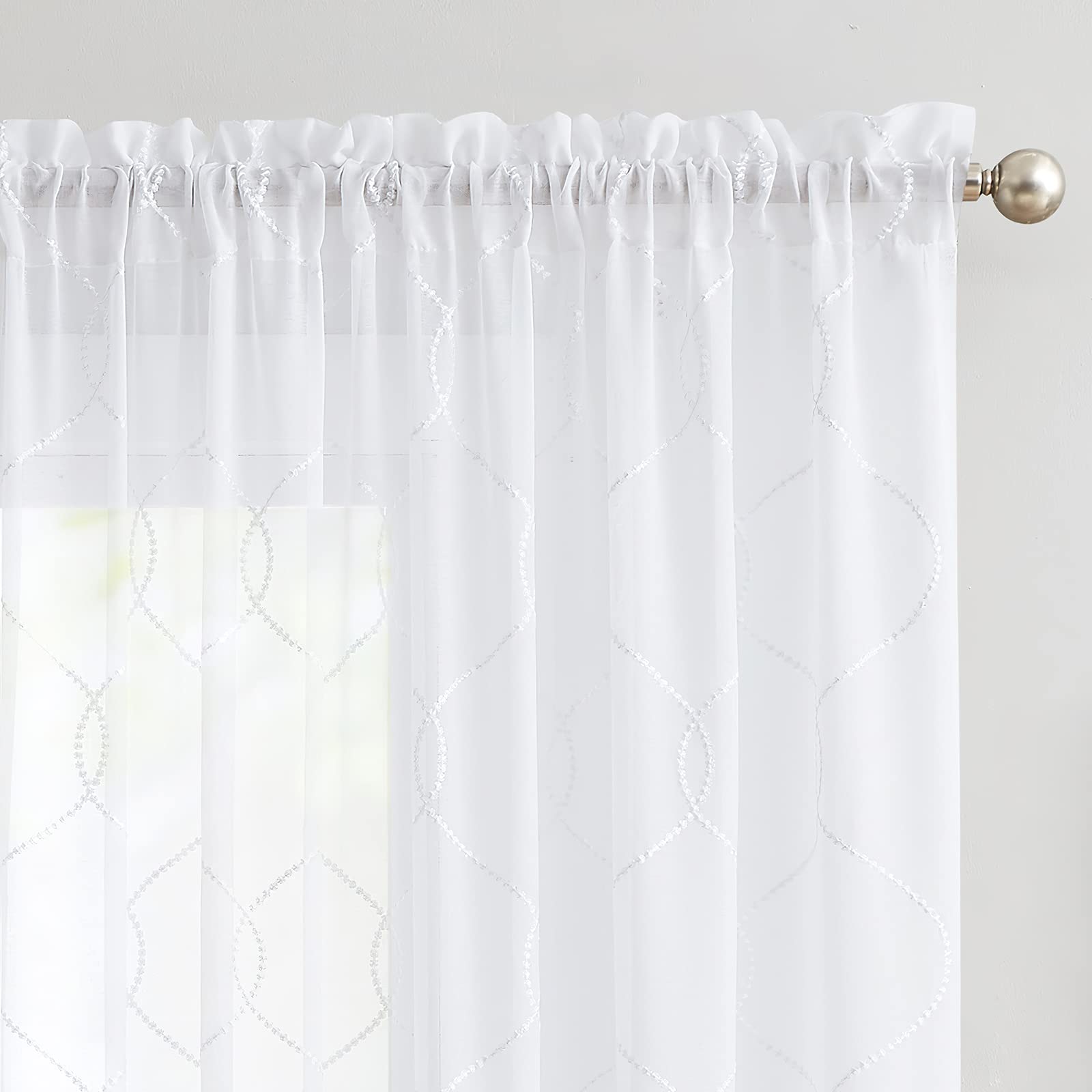 White Sheer Curtains for Living Room & Bedroom - Moroccan Tile Embroidered Window Drapes with Lattice Geometric Quatrefoil Design, Semi-Sheer Panels (Set of 2, 55x63 Inches) - Perfect for Boho Home Decor, Apartment Windows, and Cozy Interior Styling