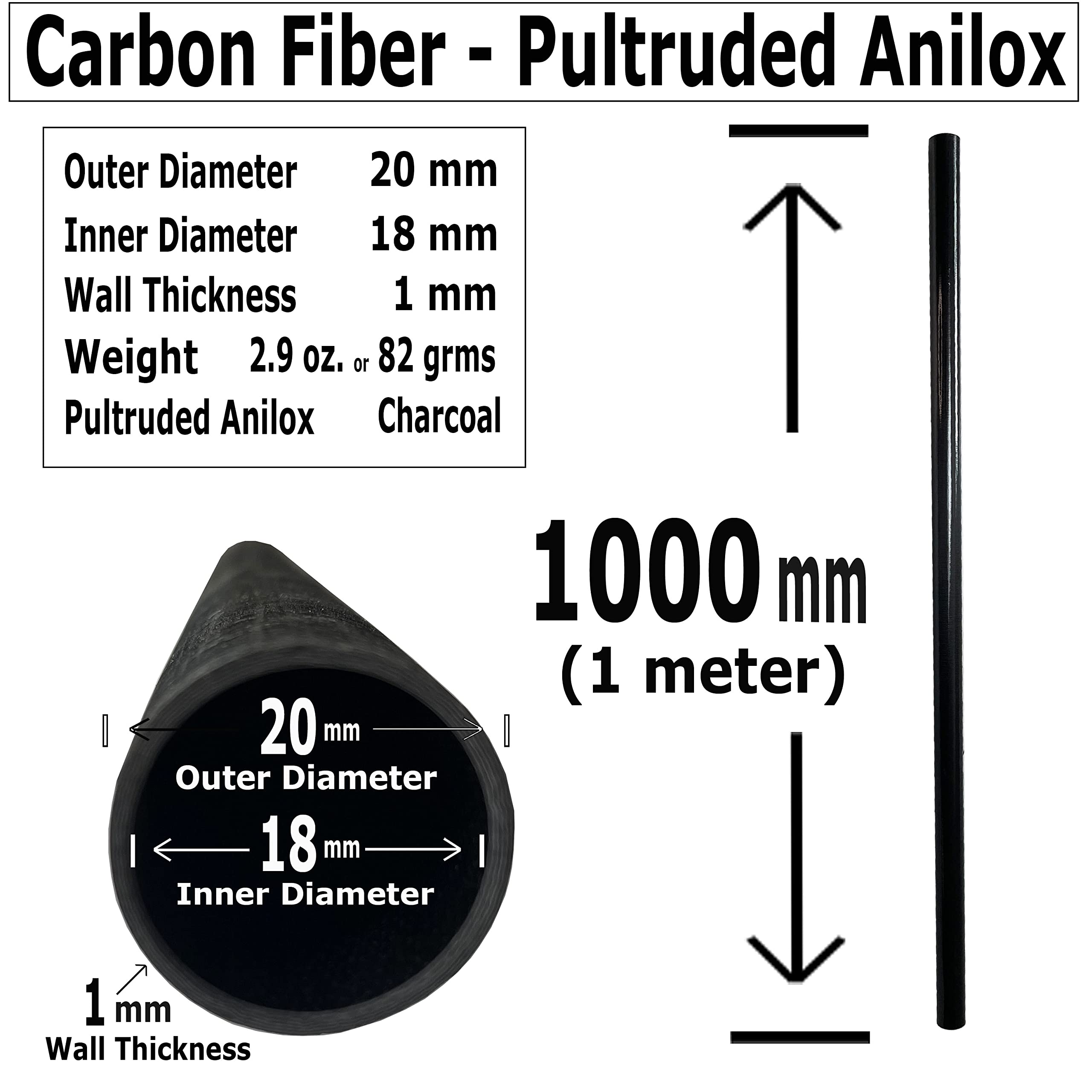 High-Strength Carbon Fiber Tube 20mm x 18mm x 1000mm - Pultruded Hollow Round Rods for RC Planes, Drones & DIY Projects - Matte Finish Lightweight Carbon Fibre Shafts (Charcoal Grey, Pack of 4) - Perfect for Aerospace Modeling, Drone Frames and Industrial Applications