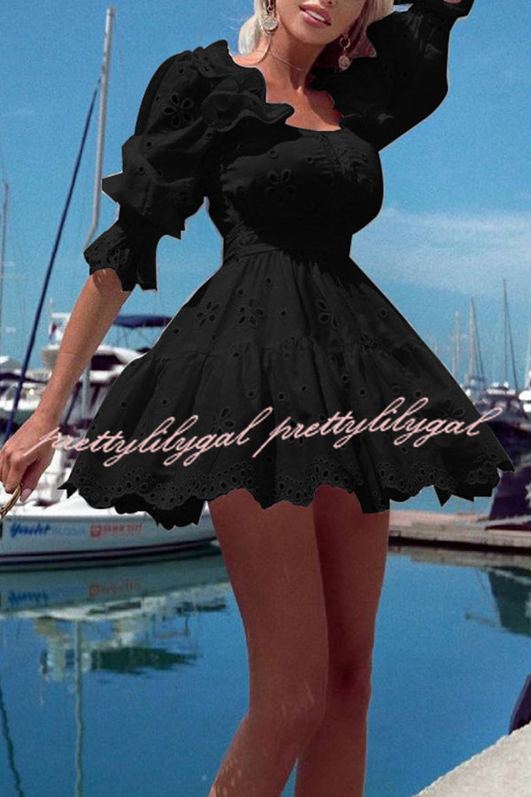 Elegant Bell Sleeve Hollow Out High Waist Mini Dress for Women - Perfect for Commuting, Office Wear & Date Night Outfits