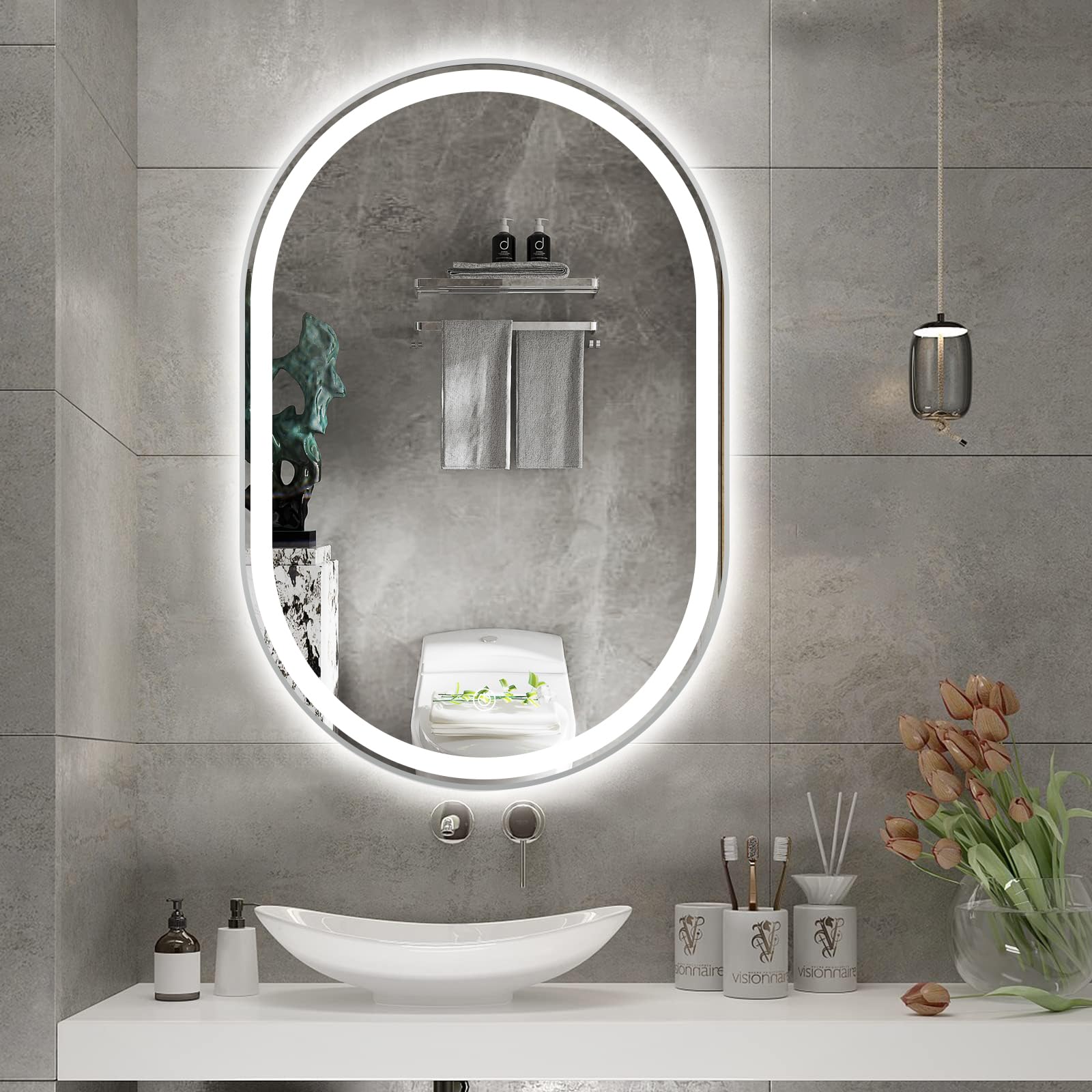 TheiaMo 40 x 24 Inch LED Bathroom Mirror with Anti-Fog, 3 Color Temperatures - Silver Framed Wall Mount Vanity Mirror for Makeup & Shaving (Vertical/Horizontal Adjustable) - Perfect for Modern Bathrooms & Dressing Rooms
