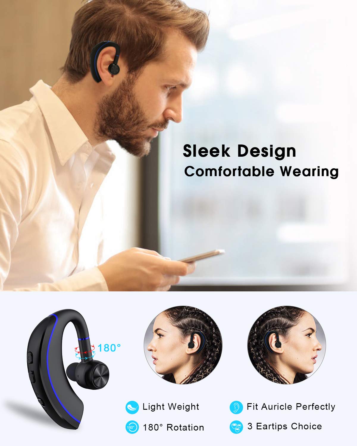 NANAMI Bluetooth Headset V5.0 - 320Hrs Battery Life, Ultra-Light Wireless Earpiece with Rotatable Mic & Noise Cancelling, Hands-Free Earphones for iPhone/Android/Laptop - Perfect for Truckers, Office Work, Commuting & Online Meetings