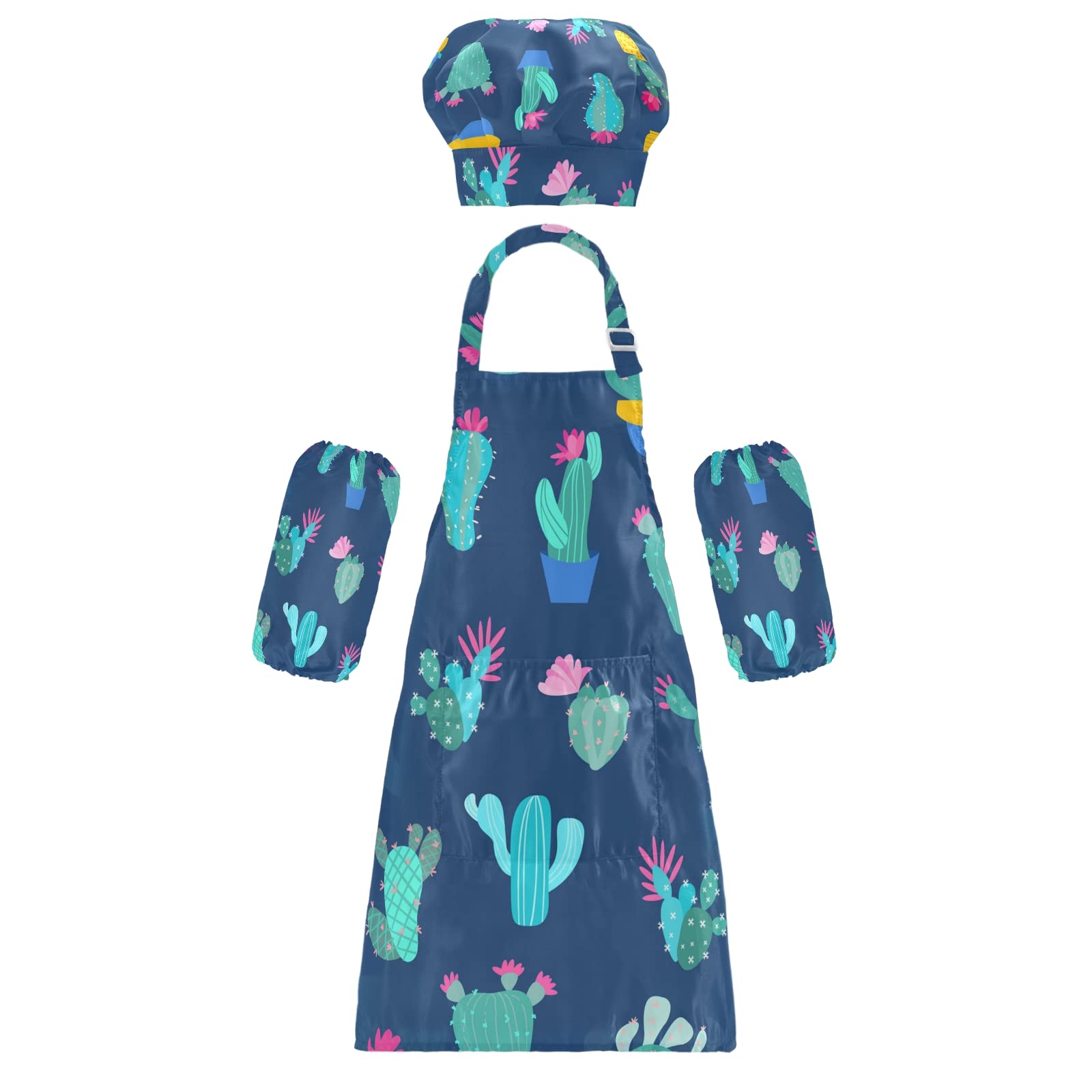 Kids Apron and Chef Hat Set - Cactus Print Cooking Apron for Boys & Girls - Child Kitchen Bib for Baking, Cooking & Pretend Play - Perfect for Home, School & Party Activities