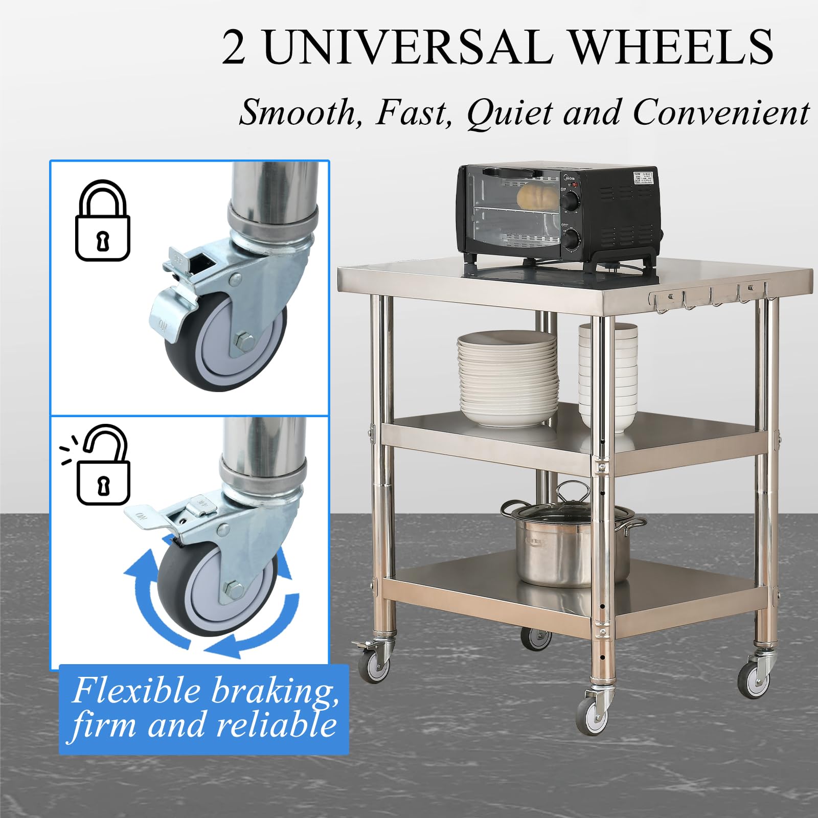 30x24 Inch 3-Stage Adjustable Stainless Steel Work Table with Wheels - Silver Commercial-Grade Kitchen Prep Table for Restaurants, Food Trucks & Home Use