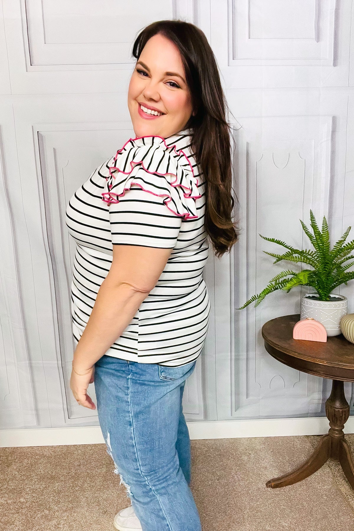 Stylish Ivory & Pink Merrow Stitch Ruffle Sleeve Striped Blouse for Women | Trendy Casual & Party Wear Top