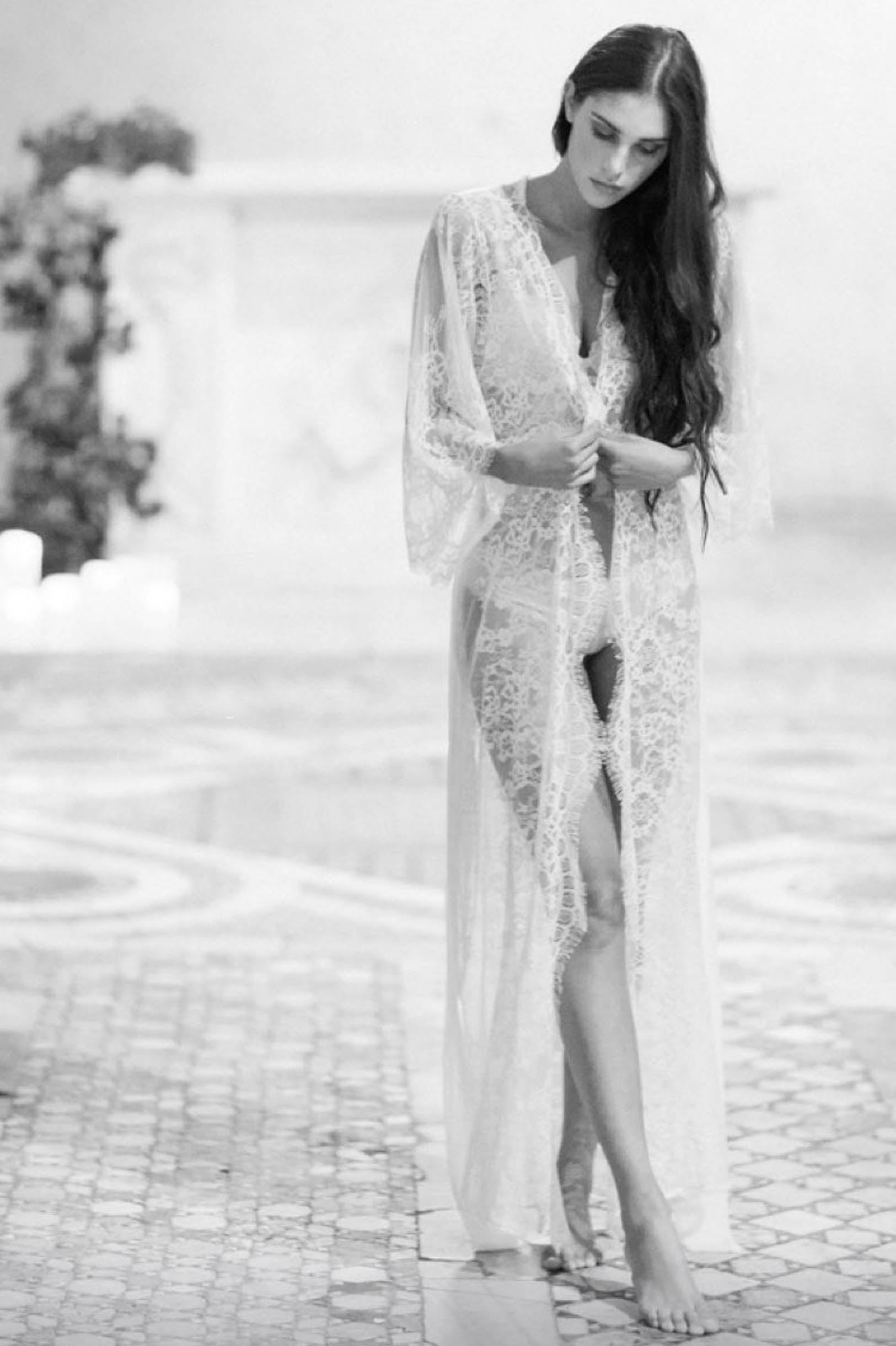 Emma Long Robe Dressing Gown Kimono in Ivory Glitter Lace - Elegant Loungewear for Women, Perfect for Spa Days, Bridal Showers & Relaxing at Home