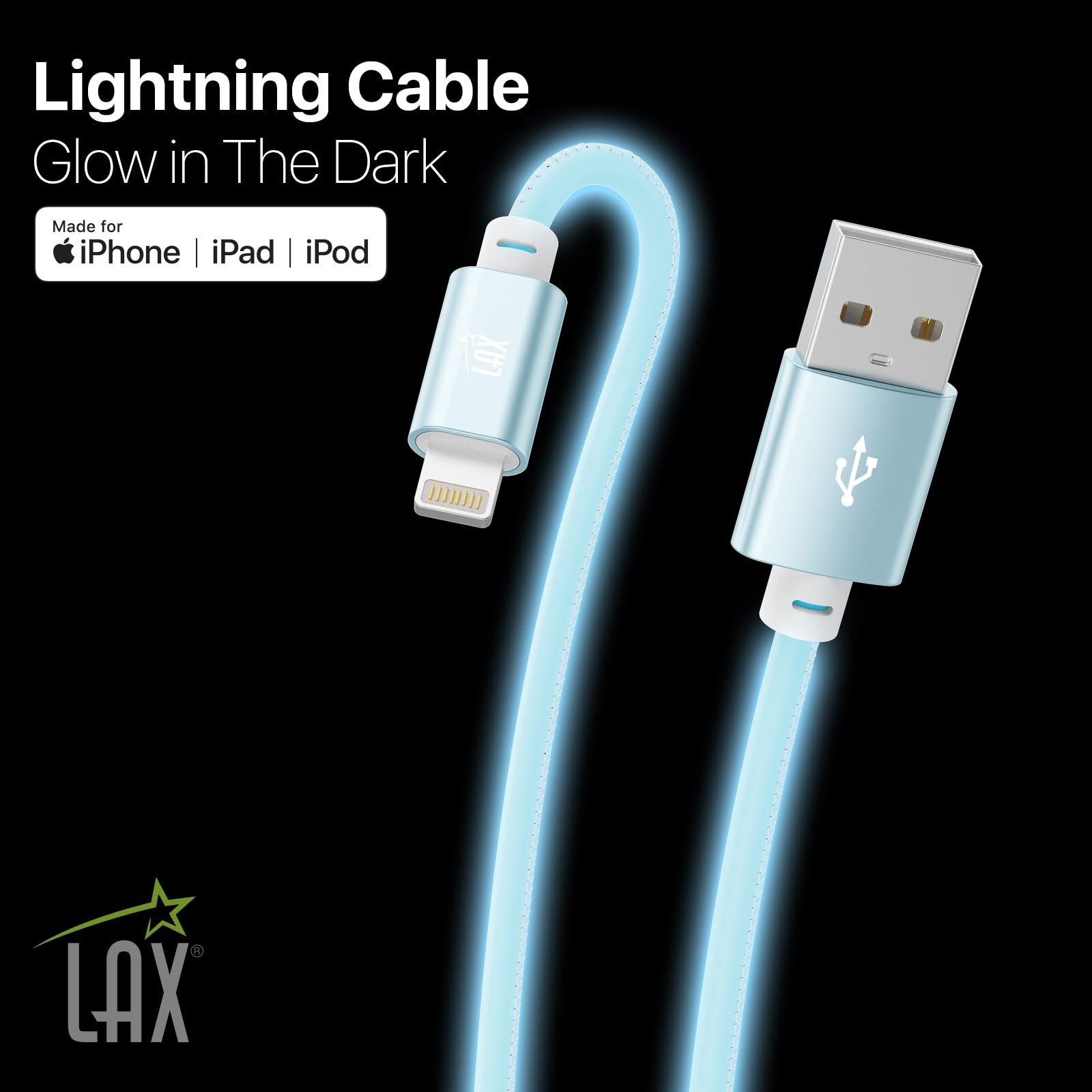 LAX USB A to Lightning Cable - Glow in The Dark Apple MFI Certified Fast Charging Cable for iPhone 14/13/12/11/X/8/7, iPad, iPod - 10ft Blue - Durable & Tangle-Free for Home, Office, Car Charging
