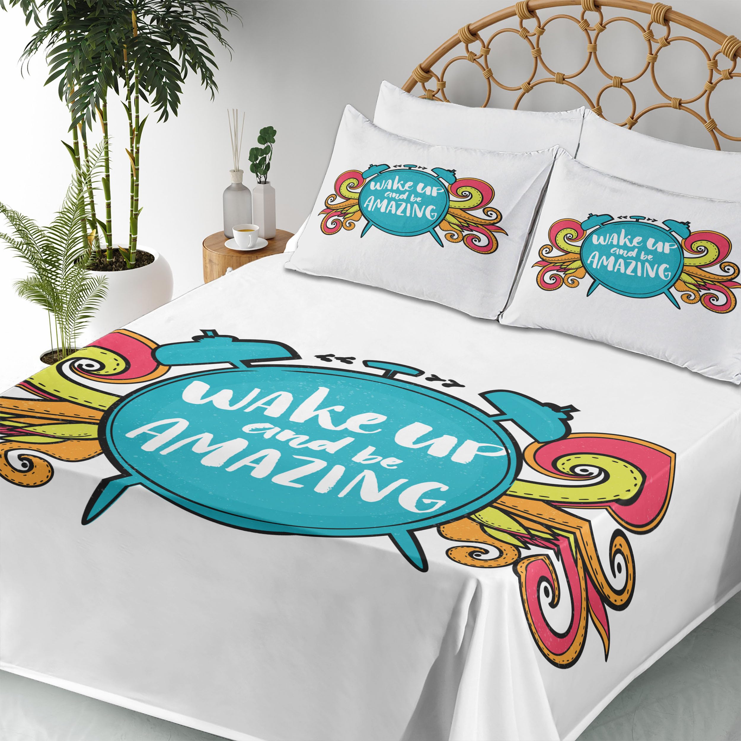 Ambesonne Motivational Bed Sheet Set - Wake Up & Be Positive 4-Piece King Size, Sky Blue & Dark Coral - Includes Fitted Sheet, Flat Sheet & Pillowcases - Perfect for Uplifting Morning Routine & Inspirational Bedroom Decor