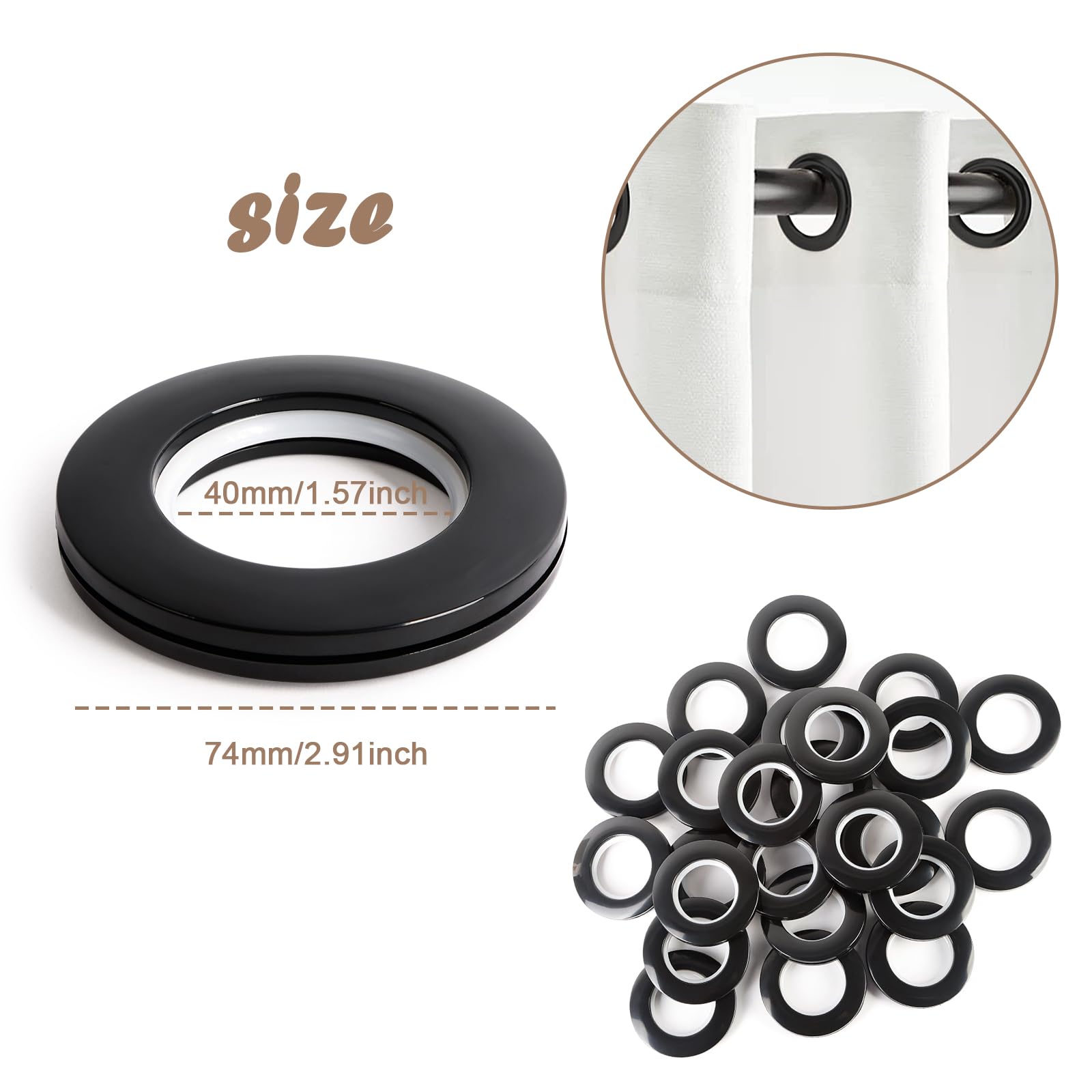 32Pcs Black Plastic Curtain Grommets - 1-9/16 Inch Inner Diameter Eyelet Rings for DIY Roman Shades, Low Noise Nanoscale Design - Perfect for Home Decor, Window Treatments and Craft Projects