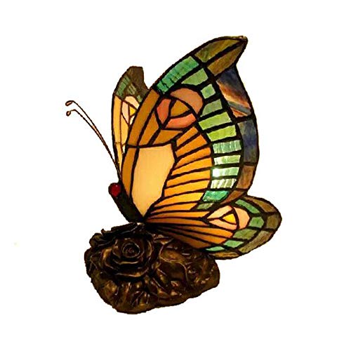 LITFAD Yellow Tiffany Stained Glass Butterfly Desk Lamp - Vintage Plug-in Table Light for Bedroom, Office & Hotel Nightstand | Rustic Home Decor Lighting