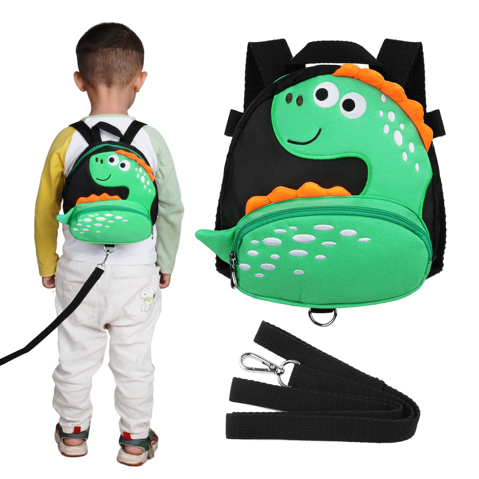 Dinosaur Kids Backpack Leash for Toddlers 1-5 Years - Anti-Lost Wrist Link & Adjustable Harness for Boys & Girls - Perfect for Travel, Shopping & Outdoor Adventures (Black Dinosaur Design)