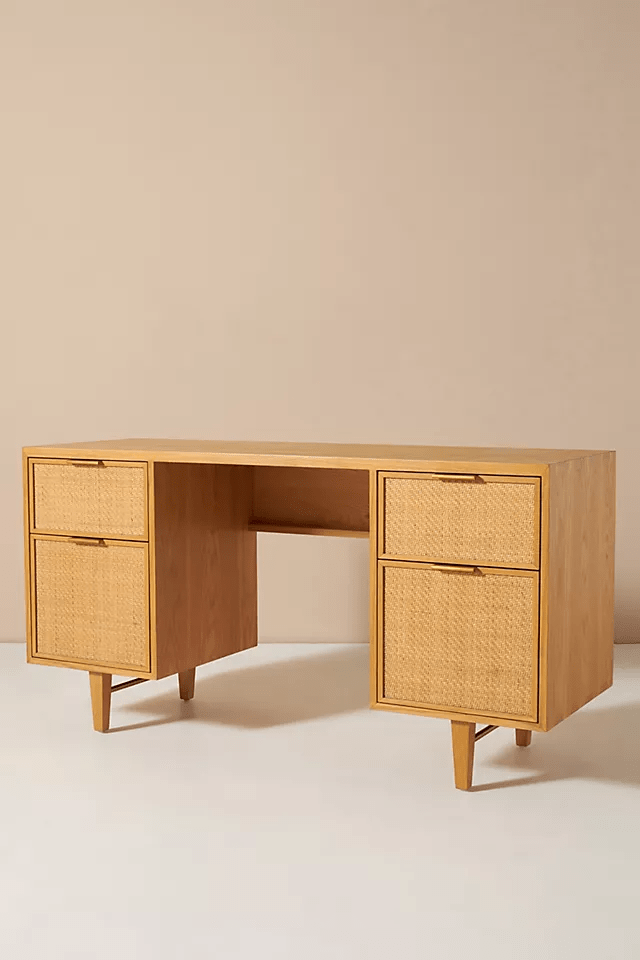 Handmade Cane Desk Table - Natural Rattan Laptop Desk | Indian Boho Home Office Furniture for Small Spaces & Cozy Workstations
