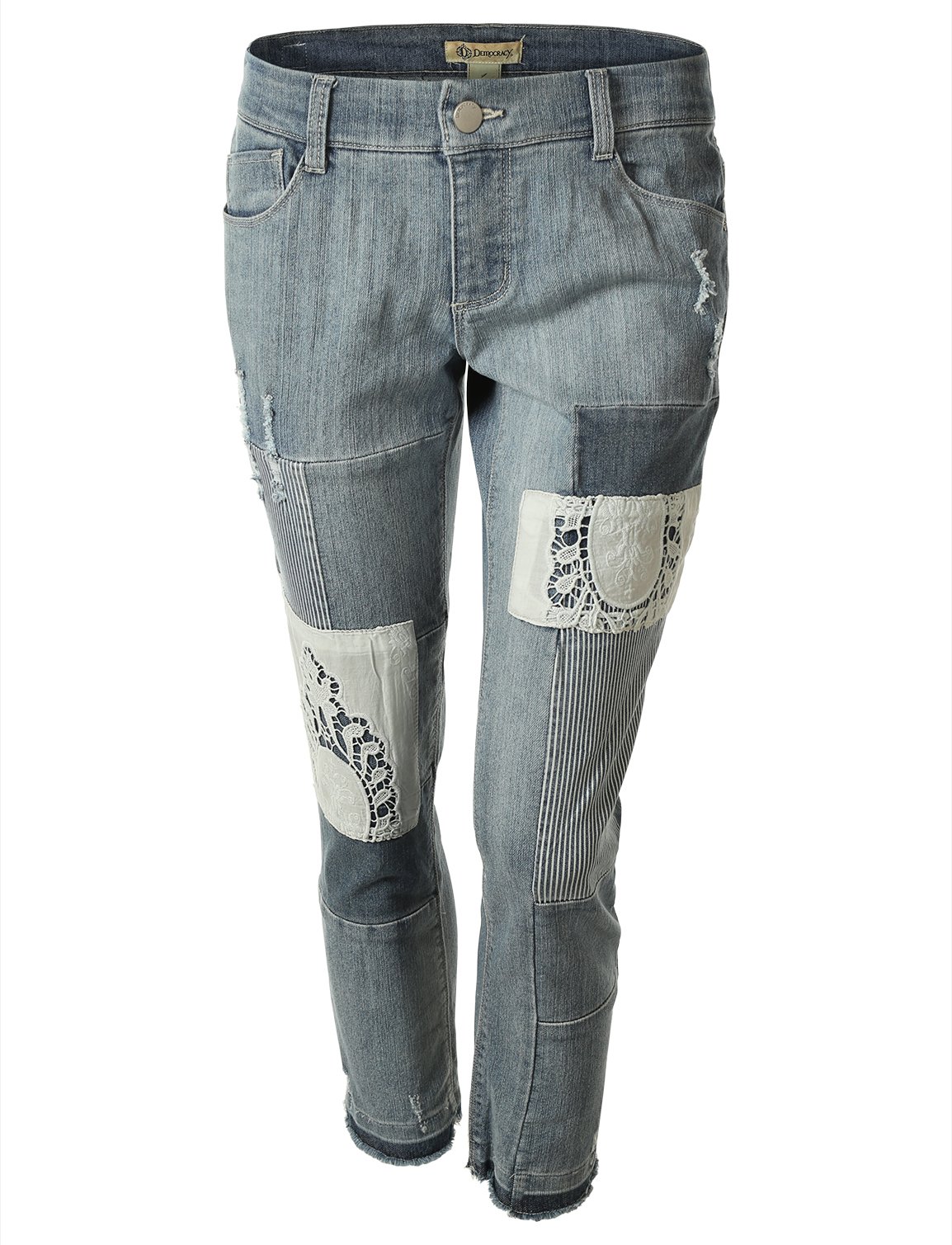 Democracy Women's Bootcut Denim Jeans with Unique Crochet White Patch - Comfortable Stretch Jeans for Casual Wear & Everyday Outfits