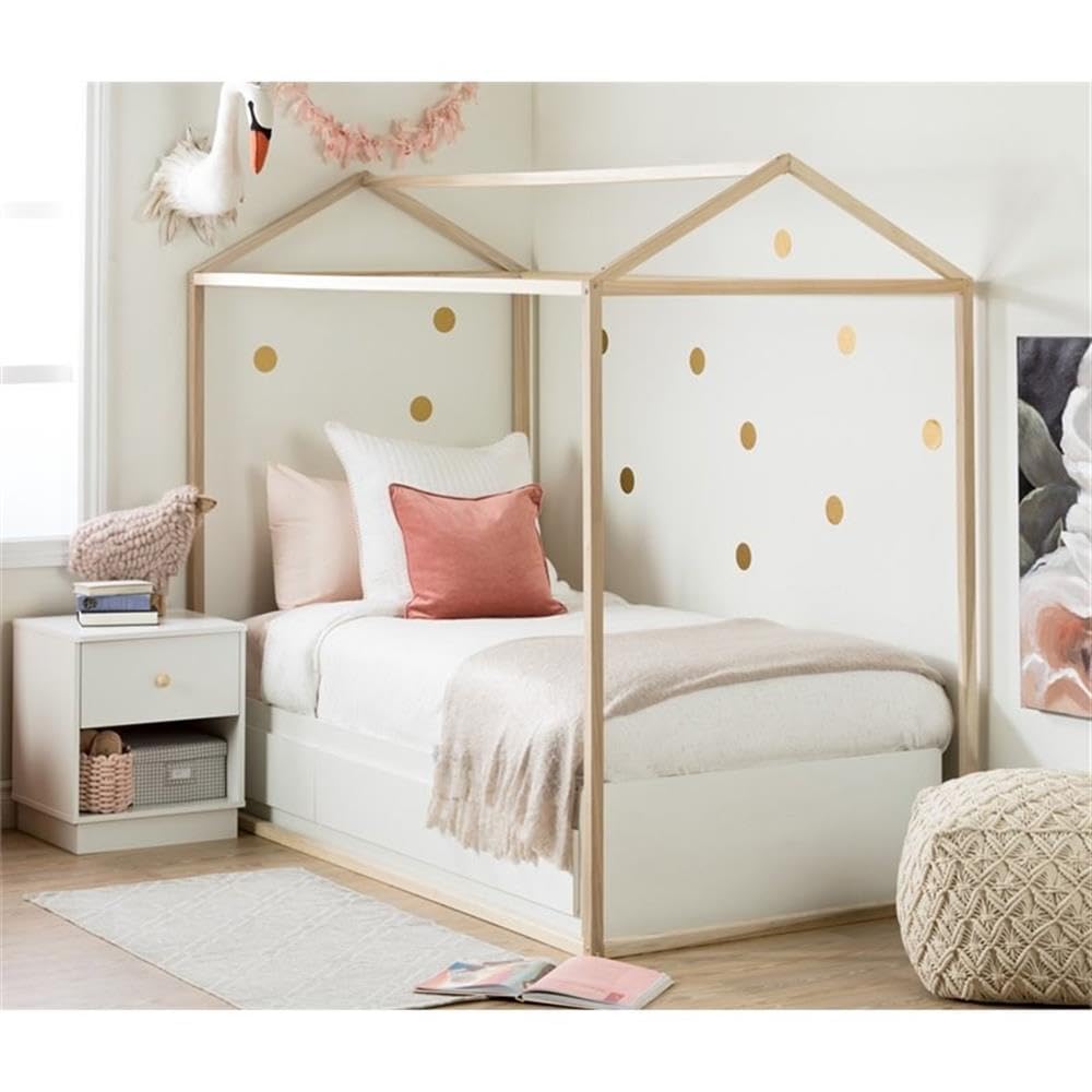 Pemberly Row Twin Solid Wood Canopy Platform Bed Frame - Natural Wood Finish - Sturdy & Elegant Bed Frame for Kids Room, Guest Room or Small Space Bedroom