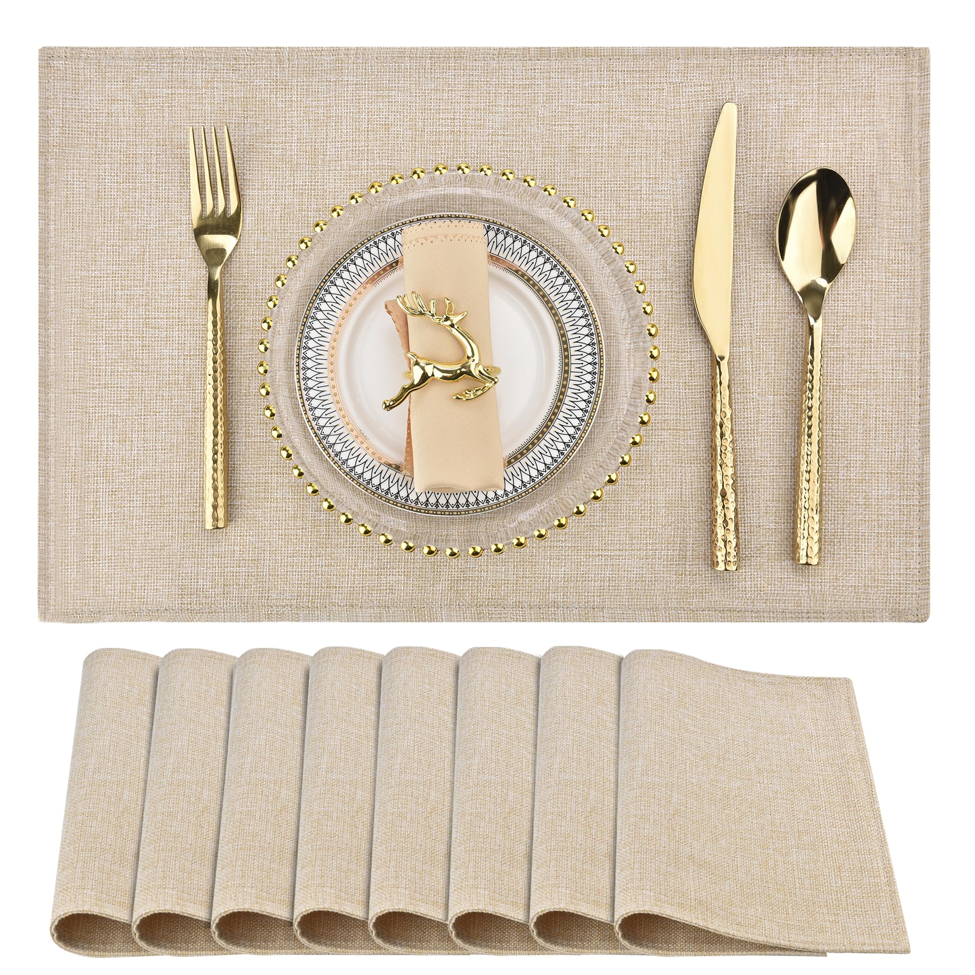 Premium Beige Linen-Style Placemats Set of 8 - Double Thickened, Machine Washable & Heat Resistant Table Mats - Non-Slip Fabric Place Settings for Dining Table, Kitchen, and Party Decor (Beige, 8-Pack)
