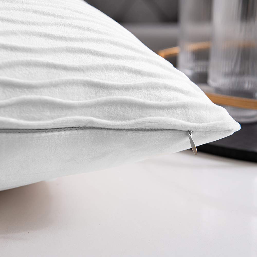DEZENE 2-Pack 16x16 Inch White Striped Velvet Square Throw Pillow Covers - Soft Farmhouse Decor Cushion Cases for Sofa, Bed & Living Room