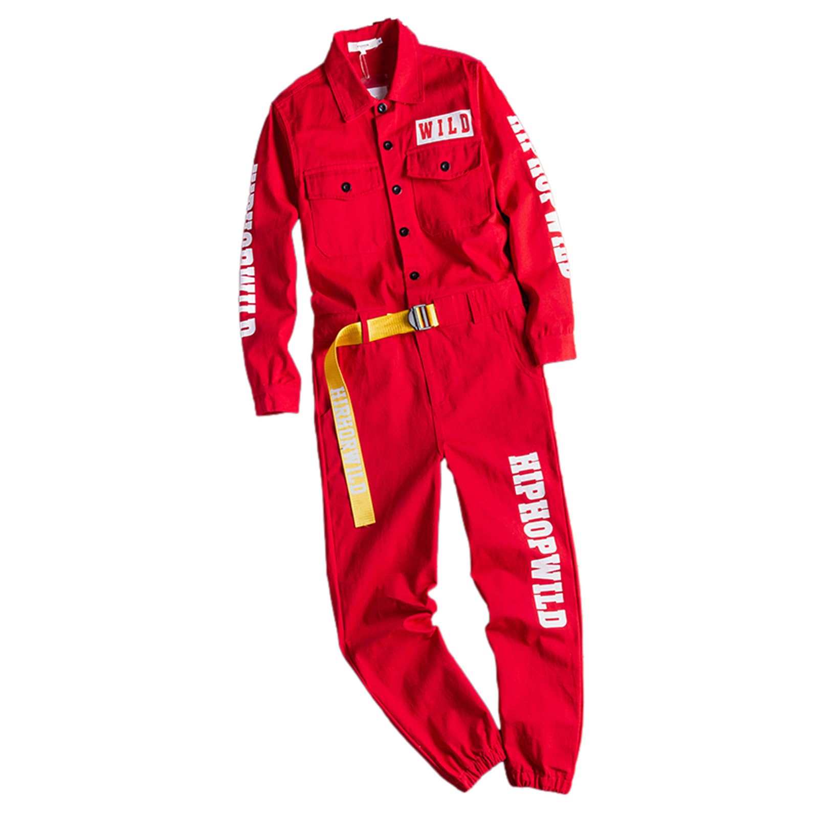 Men's Letter Print Long Sleeve Yellow Jumpsuit - Y2K Style Jogger Overalls for Men | Trendy Streetwear, Casual Outfit & Festival Fashion