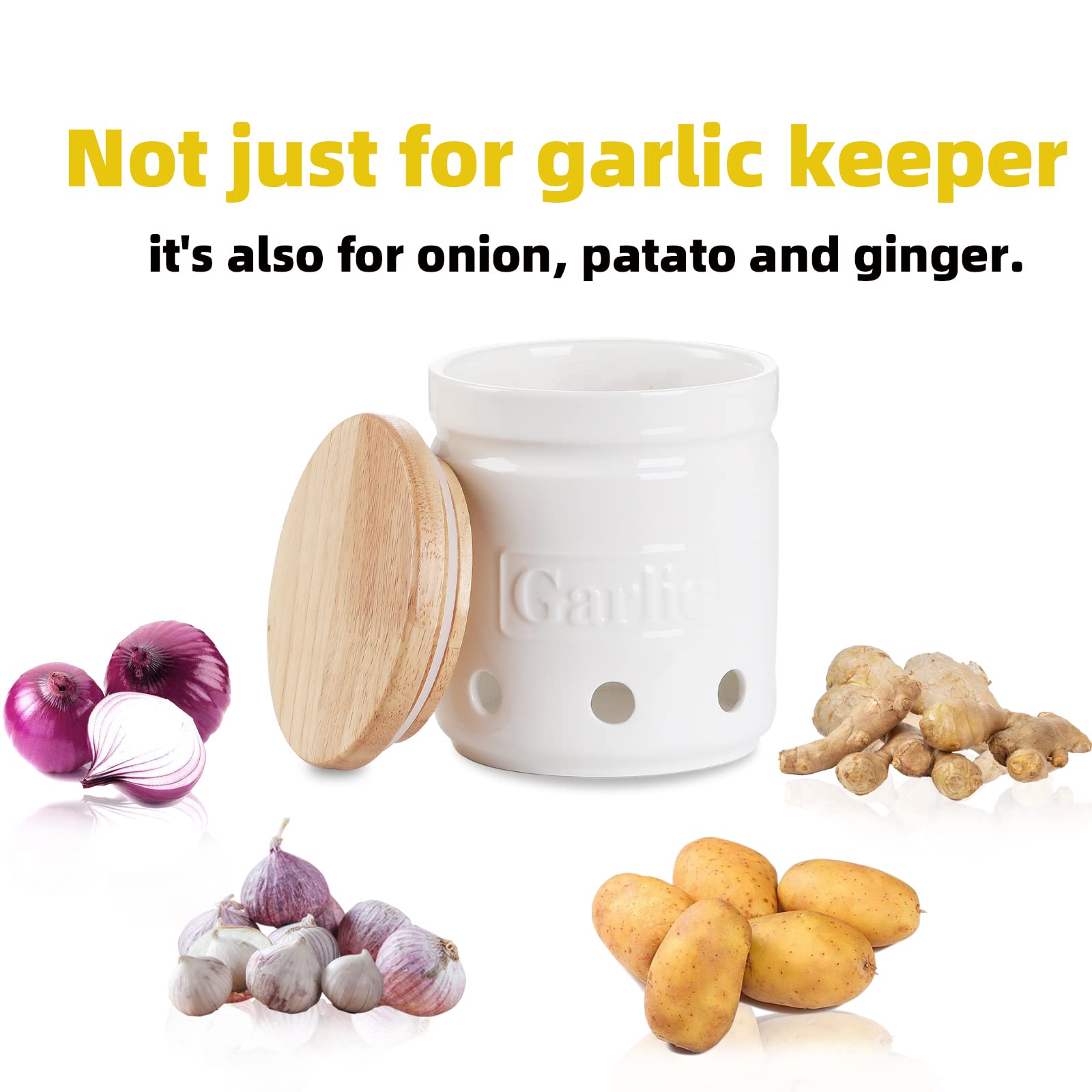 Large Ceramic Garlic Keeper with Wooden Lid - 4.5 Inch White Garlic Storage Container for Kitchen - Preserves Garlic Freshness Longer - Perfect for Countertop, Pantry & Farmhouse Style Kitchens