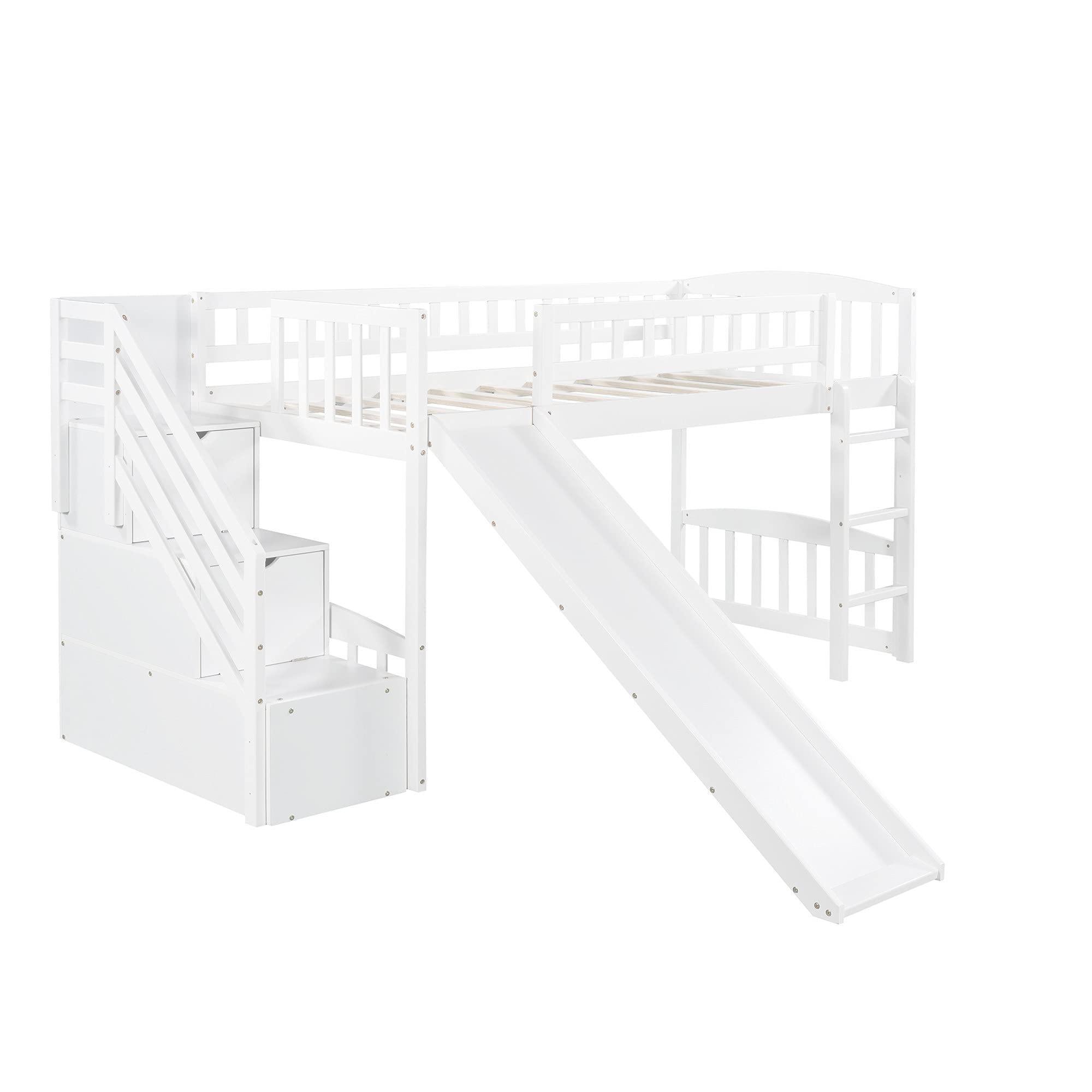 Twin Loft Bed with Stairs and Slide - Wood Low Loft Bed Frame for Kids with 2 Drawers - No Box Spring Needed - Perfect for Small Bedrooms & Playrooms (White, Twin Size)