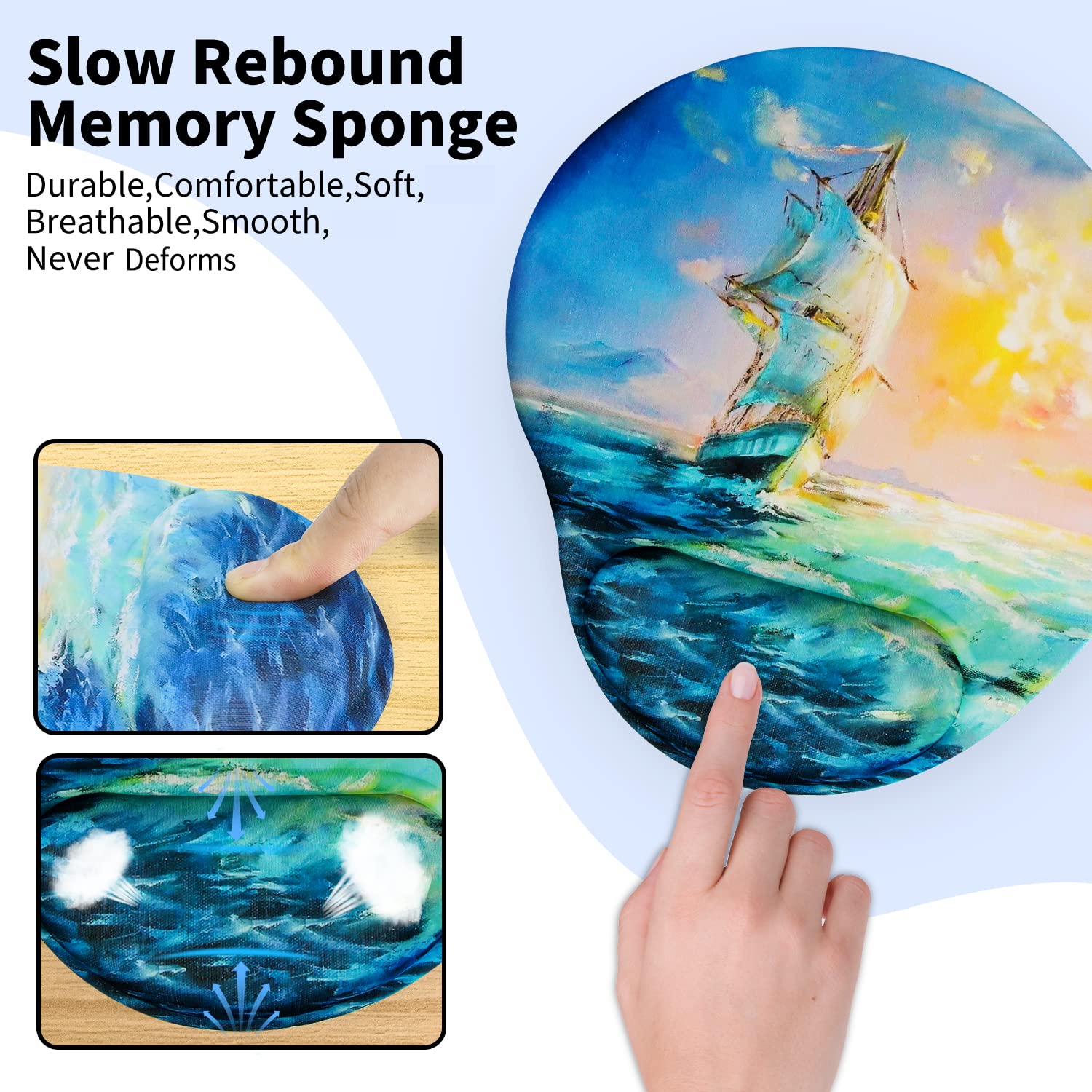 Ergonomic Mouse Pad with Wrist Support - Non-Slip PU Base Comfort Cushion for Pain Relief - Perfect for Office, Gaming & Laptop Use - Home & Work Computer Accessories (Sailboat Design)