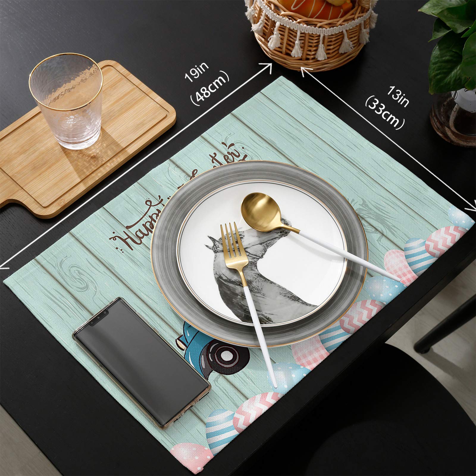 Easter Truck Placemats Set of 6 - Spring Gnome Rabbit Eggs Design, Cyan Wood Grain Insulated Non-Slip Kitchen Table Mats, Washable Dining Placemats for Easter Brunch, Holiday Decor & Family Gatherings