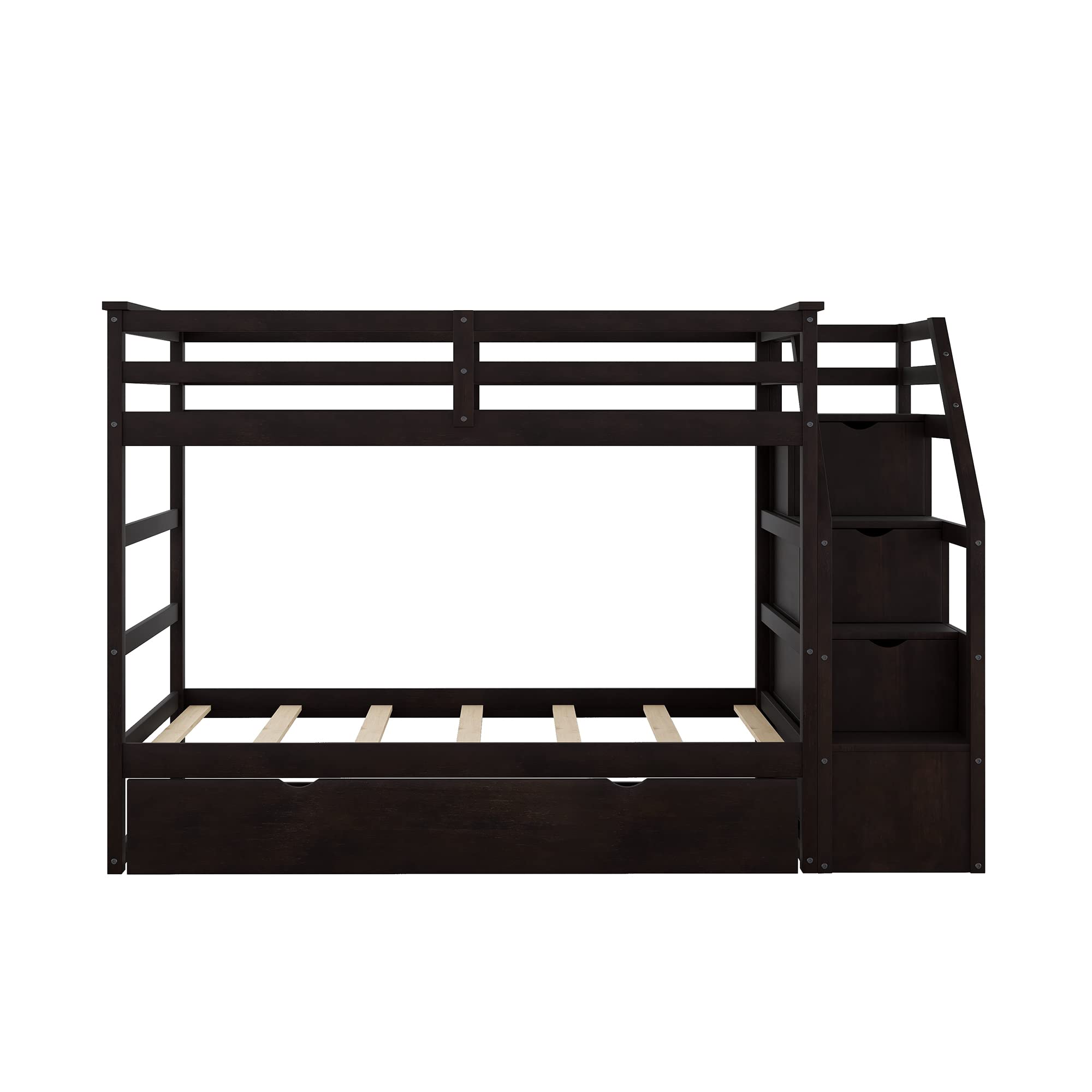 Twin Over Twin Bunk Bed with Trundle & 3-Storage Stairs - Wooden Bunk Bed Frame with Safety Rails, Storage Drawers for Kids, Teens & Guest Rooms - Space Saving Bedroom Furniture (Espresso Finish) - Perfect for Small Rooms, Sleepovers & Vacation Homes