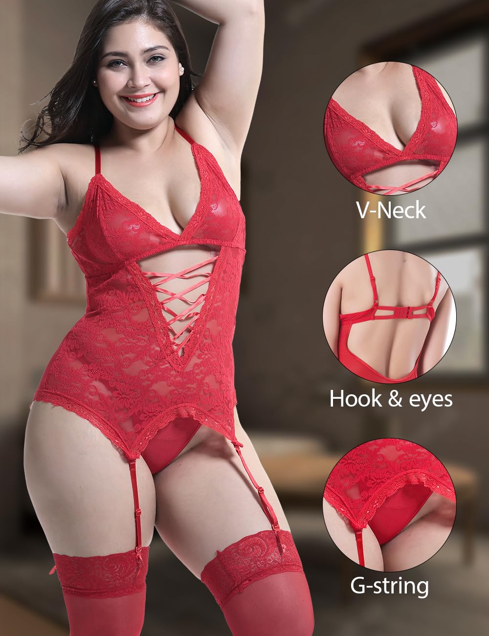 Anyou Women's Lingerie Set - Stretchy Lace Teddy with Stockings, Plus Size S-XXXXL | Sexy Lingerie for Valentine's Day, Bridal Shower & Romantic Nights