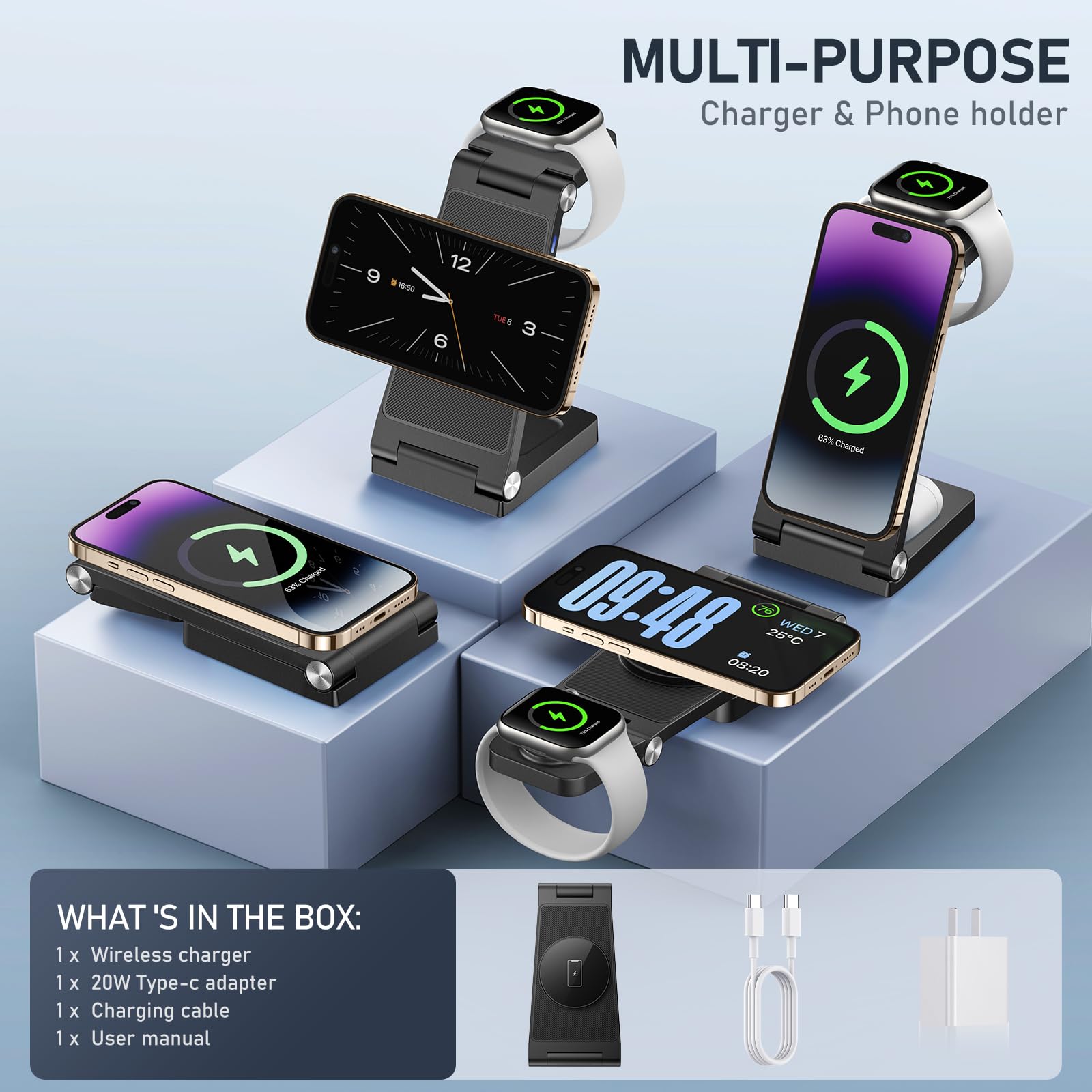 3-in-1 Magnetic Wireless Charging Stand | Foldable Travel Charger for iPhone 16/15/14/13/12 Series, Apple Watch Ultra/9/8/7/6/5/4/3/2 & AirPods | Fast Charging Station for Home, Office & Travel