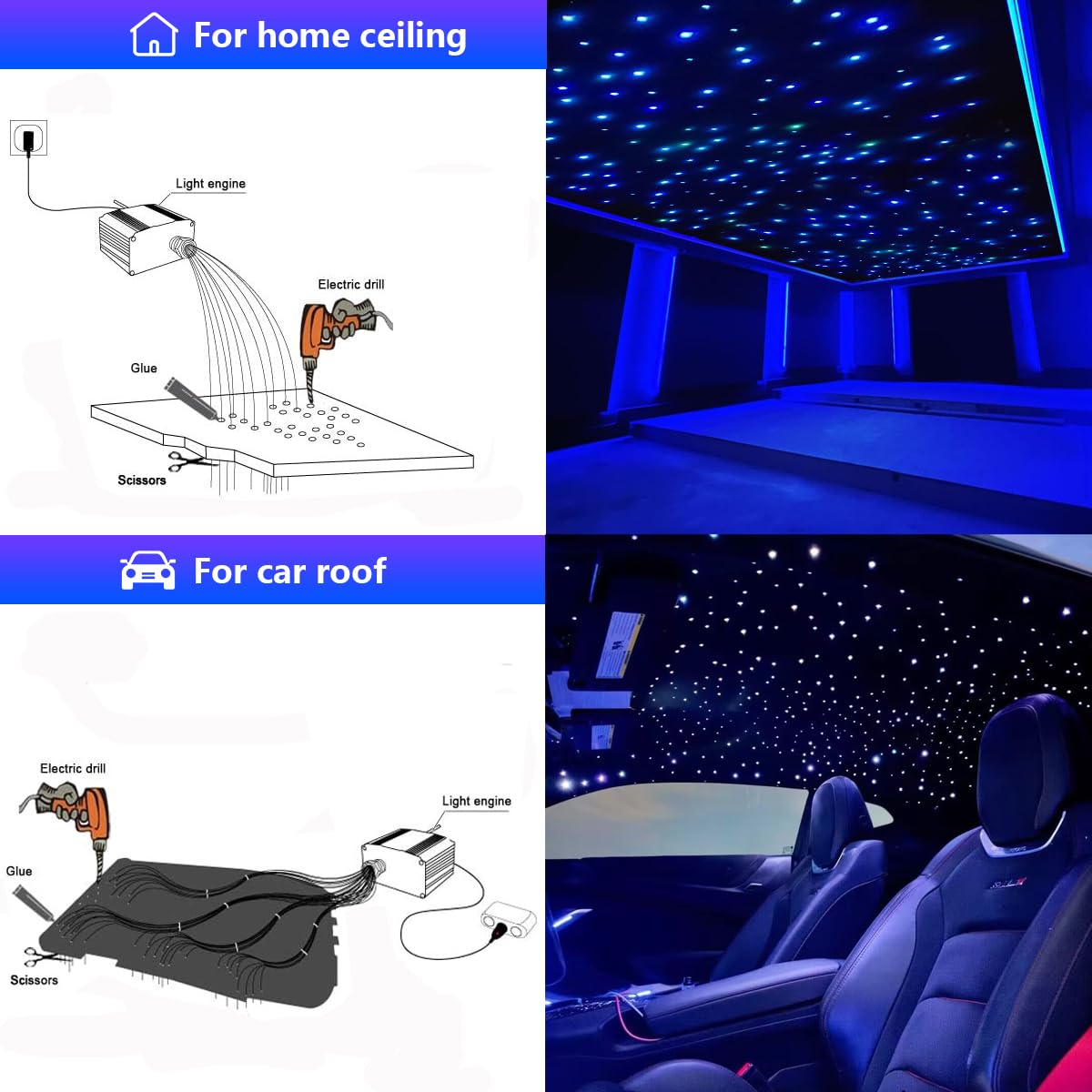 AMKI Dual Port 16W Bluetooth Fiber Optic Star Ceiling Light Kit - 620pcs 9.8ft Twinkle Lights with 0.03in/0.04in/0.06in Optical Cable, RGBW Sound-Activated & APP Control for Bedroom, Theater, Party Decor