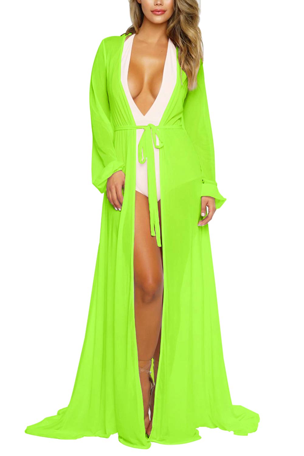 Sexy Women's Mesh Long Sleeve Tie Front Swimsuit Cover Up Dress - Beachwear, Pool Party, Vacation & Summer Outfit for Swim Beach Maxi Dress