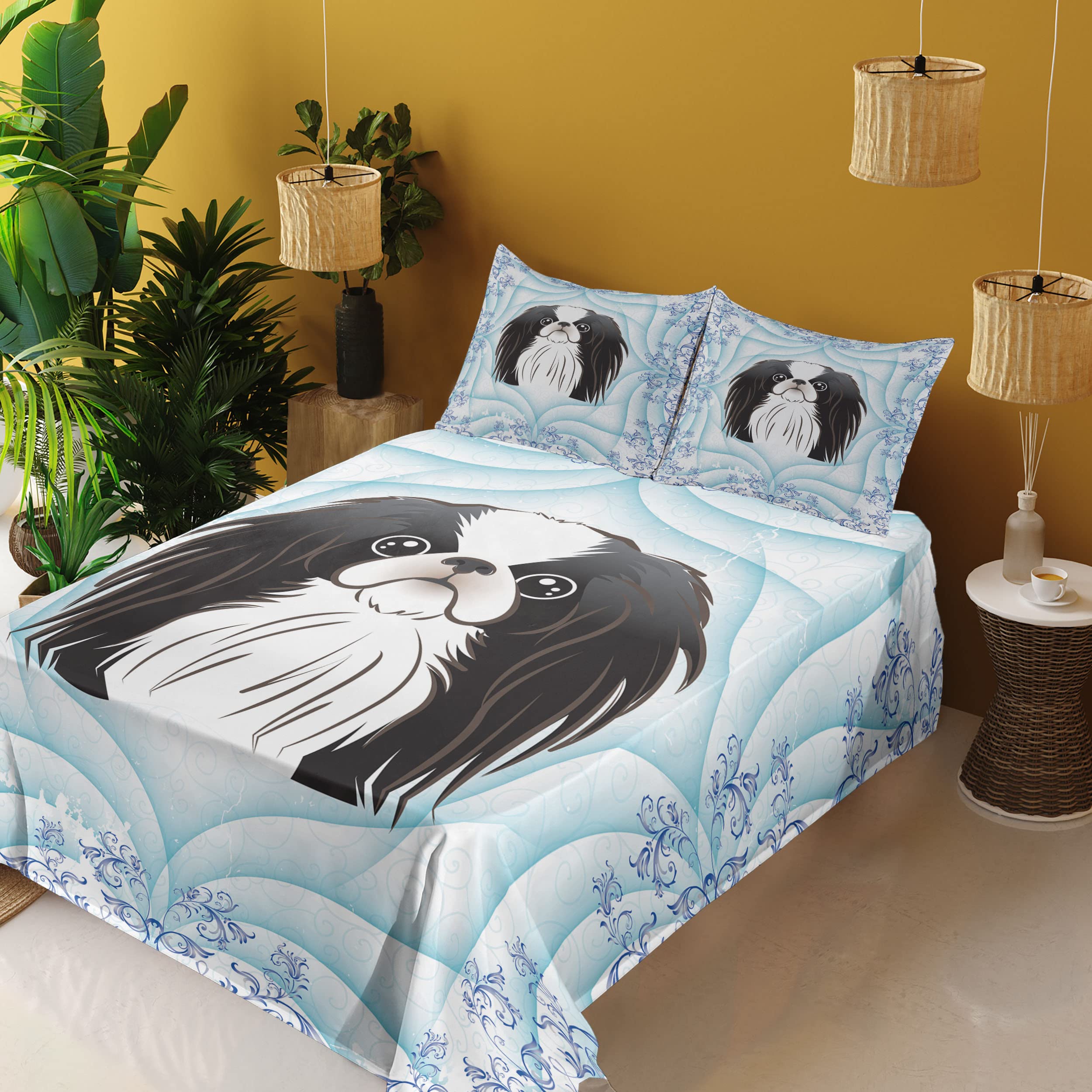 Ambesonne 4-Piece Dog Sheet Set - Funny Cartoon Puppy Floral Design Fitted & Flat Sheets with Pillowcases, King Size Pale Blue Lavender Bedding | Perfect for Pet Lovers' Bedrooms, Guest Rooms & Kids' Rooms