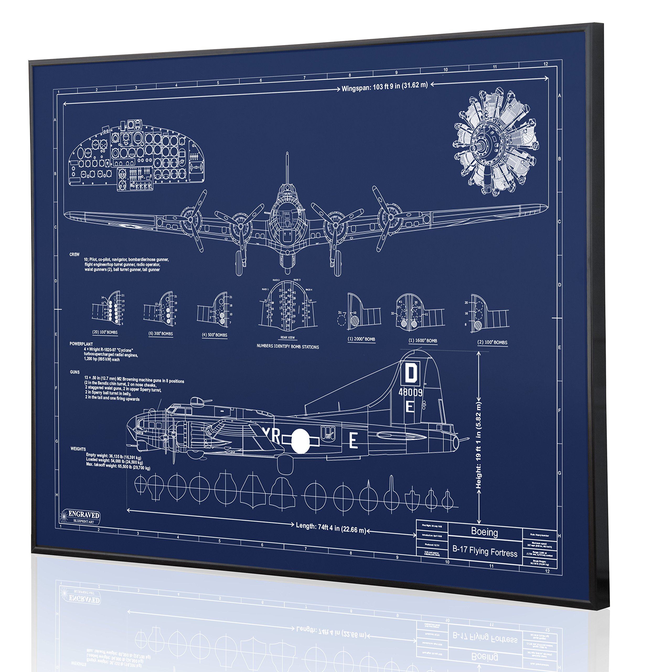 Authentic Boeing B-17 Flying Fortress Blueprint Art - Laser Engraved Custom Aviation Decor - Perfect Pilot Gift for Home Office & Man Cave