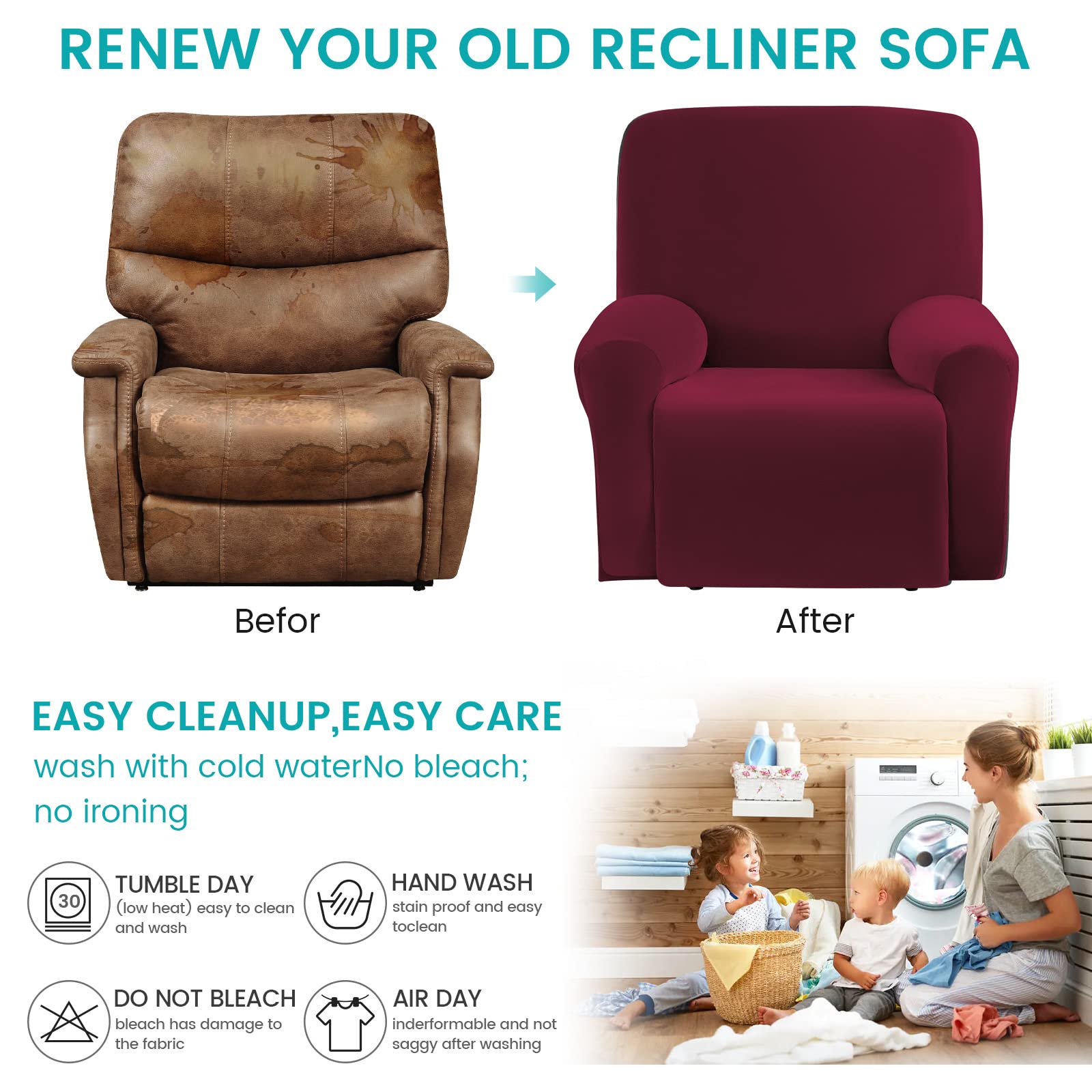 MIFXIN 4-Piece Velvet Stretch Recliner Cover - Soft Thick Elastic Slipcover for 1-Seat Reclining Sofa & Chair, Washable Anti-Slip Furniture Protector for Living Room, Home Theater (Red) - Perfect for Homes with Kids & Pets