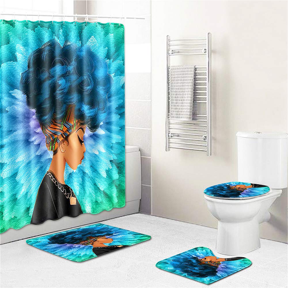 4PCS African American Woman Pattern Bathroom Set - Shower Curtain, Floor Mat & Rugs for Stylish Home Decor | Waterproof & Non-Slip Design for Safety | Perfect for Modern Bathrooms, Guest Rooms & Apartment Decorating