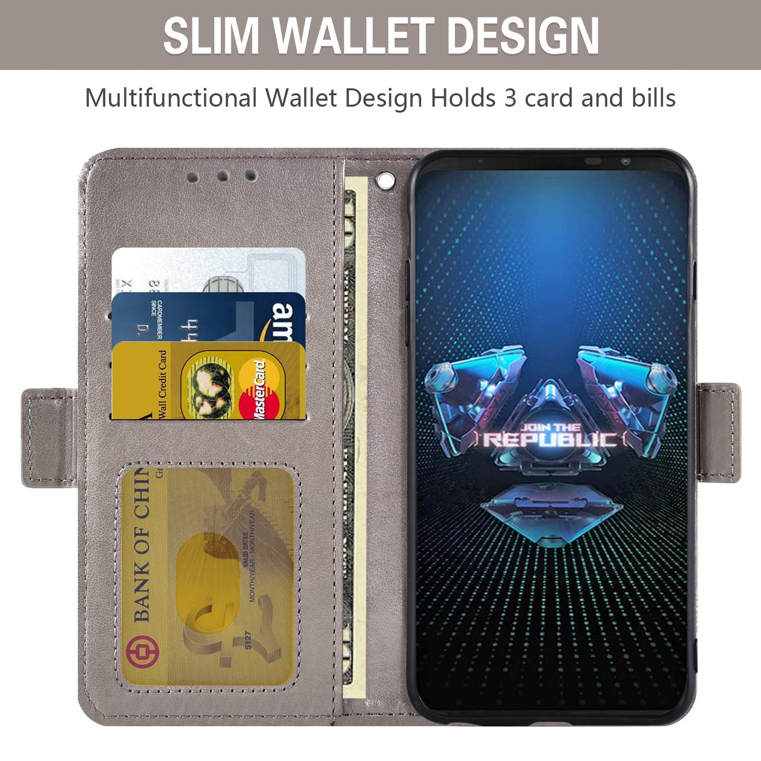 ASUS ROG Phone 5/5s Series Wallet Case with Tempered Glass Screen Protector, Card Holder & Wrist Strap - Premium Flip Cover for ROG Phone 5/5 Pro/5s/5s Pro/5 Ultimate (Grey) - Perfect for Gaming, Travel & Everyday Protection