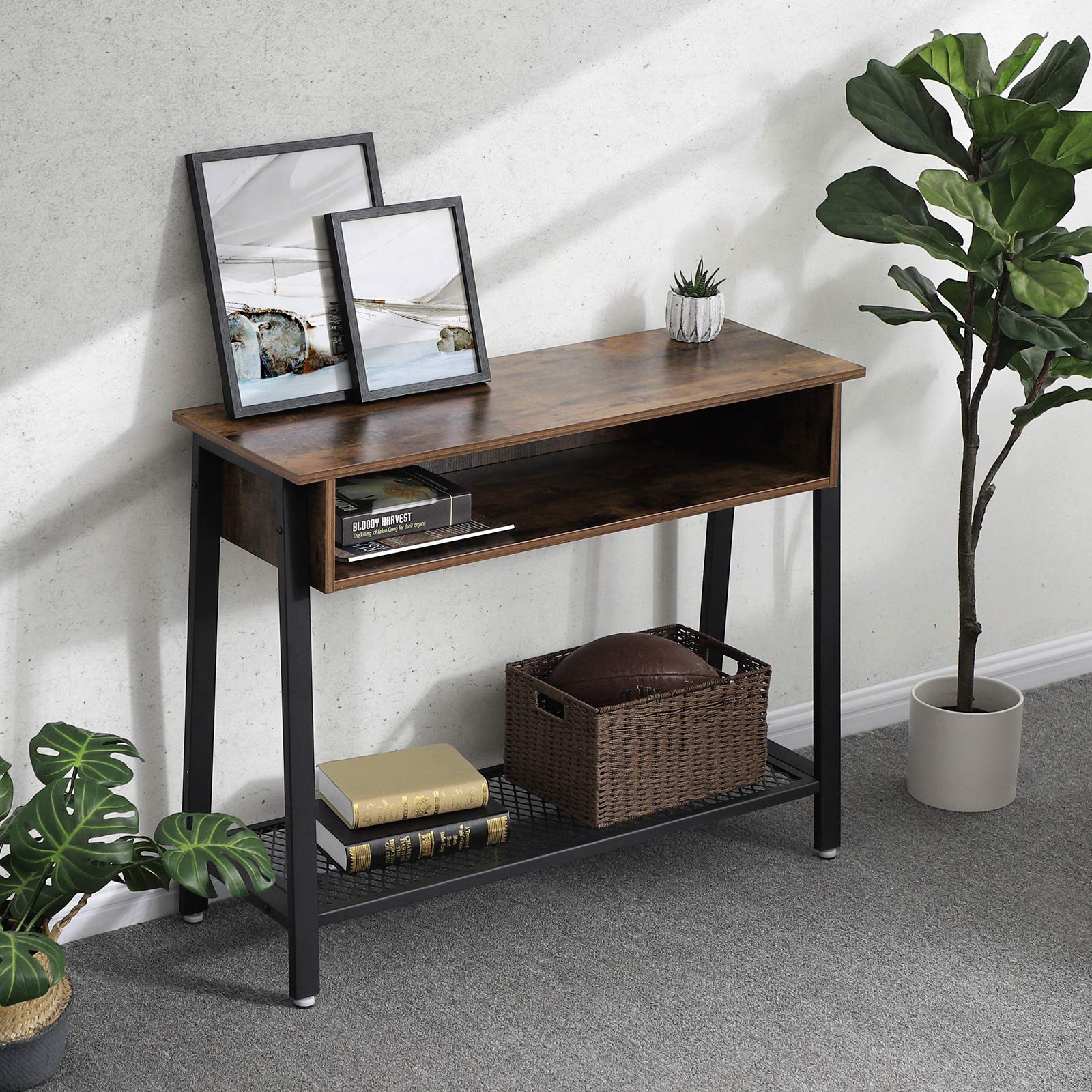 VASAGLE Industrial Sofa Table - 40 Inch Console Table with Mesh Shelf & Storage Rack, Entryway Table for Living Room, Office, Hallway - Sturdy Metal Frame - Perfect for Small Spaces, Behind Sofa or as Entry Table