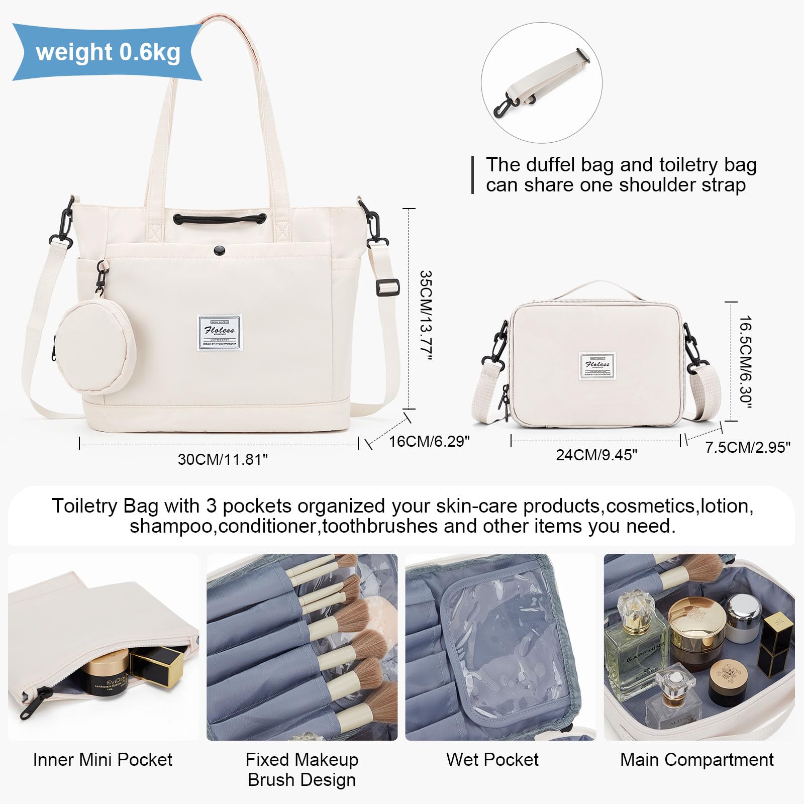 Stylish Waterproof Tote Bags for Women - 3-Piece Travel Set with Toiletry Bag & Crossbody Purse | Perfect for Gym, Work, Beach & Shopping Trips | Durable Carry-On Handbag in Off-White