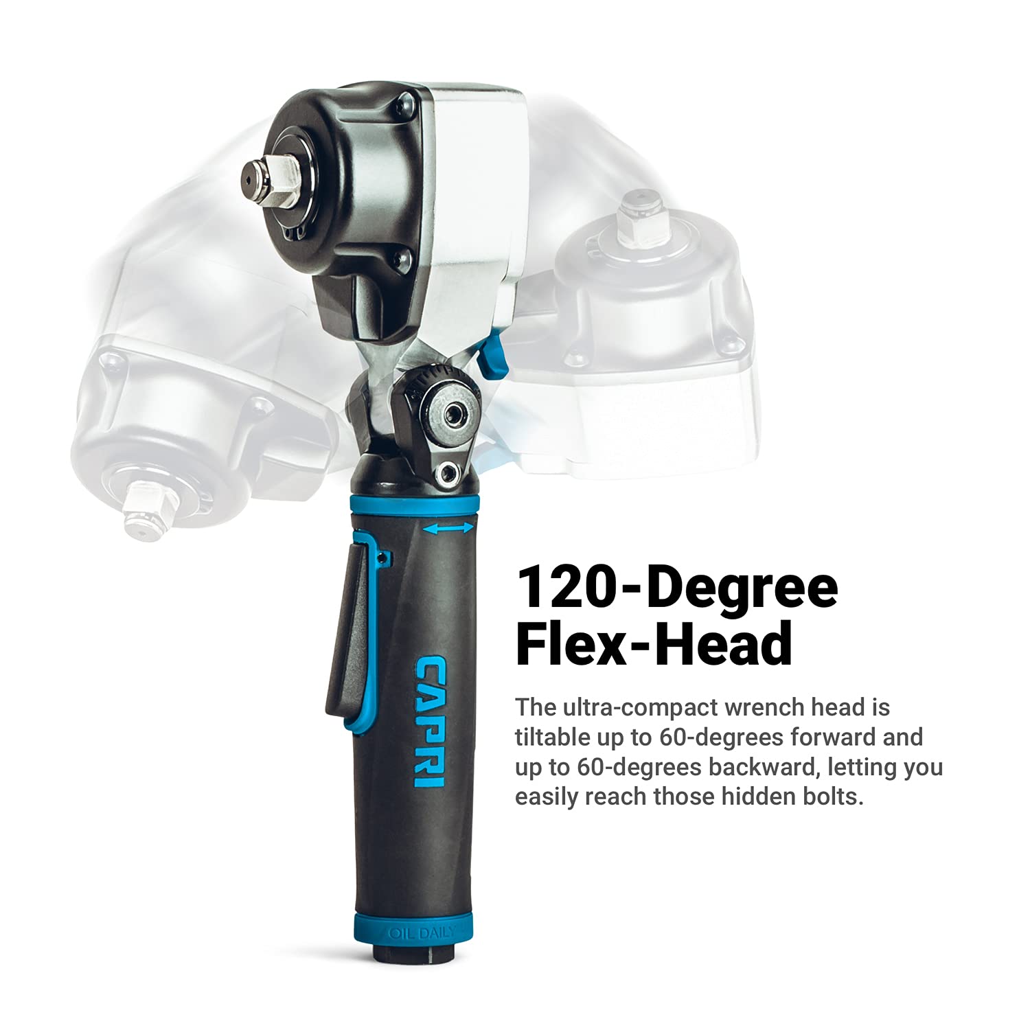 Capri Tools 1/2 Inch Flex-Head Air Angle Impact Wrench - 400 ft lbs Torque - Heavy Duty Automotive & Industrial Use for Tire Changes, Construction, and Mechanical Repairs