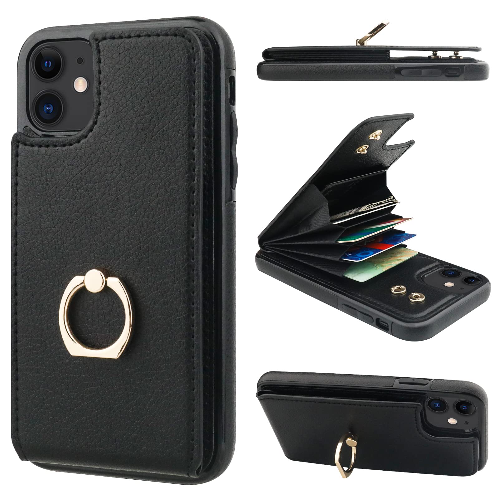Folosu iPhone 11 Case Wallet with Card Holder - 360° Rotating Finger Ring Stand, Kickstand & RFID Blocking PU Leather Cover | Shockproof Flip Case for 6.1