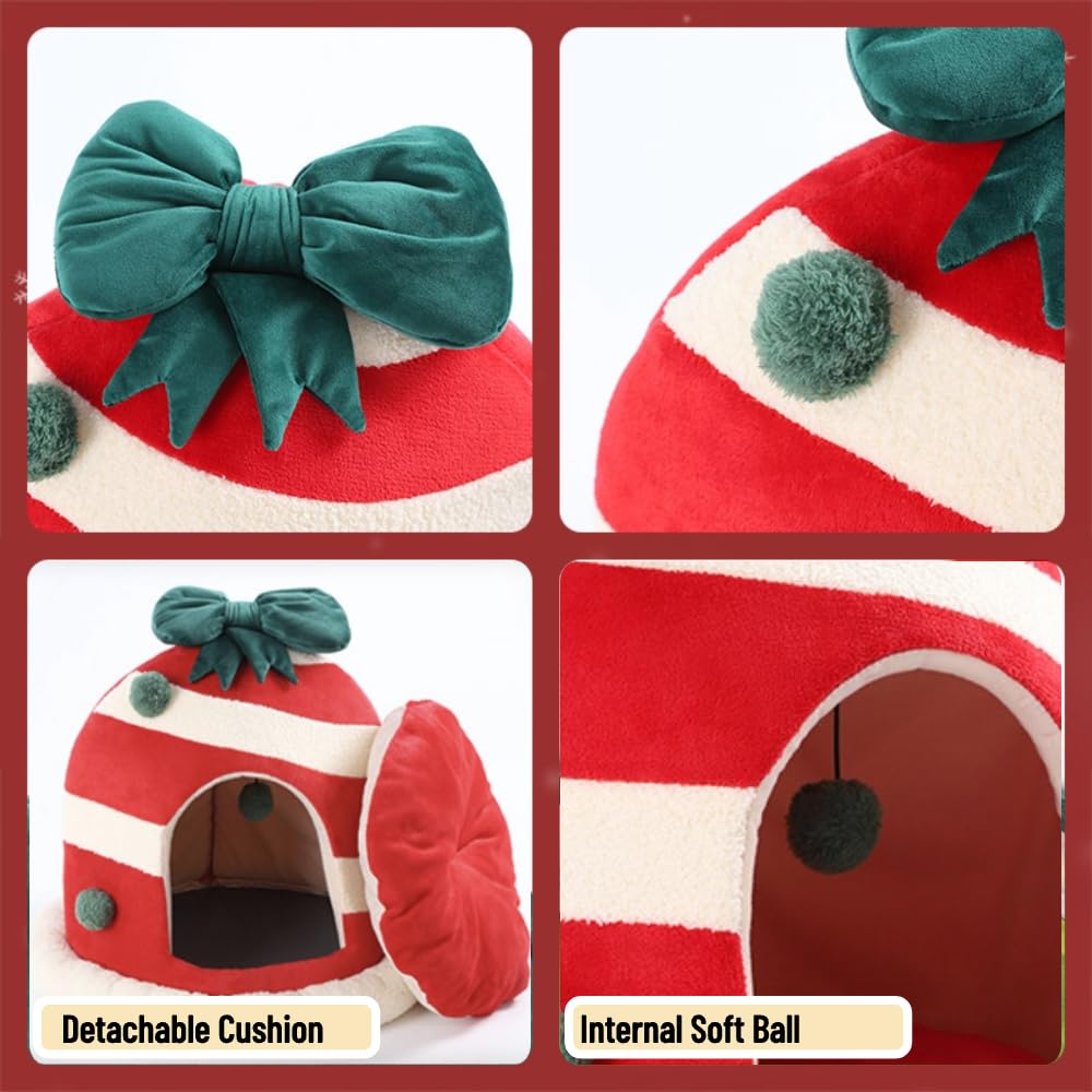 Cozy Christmas Cat Cave Bed - Warm Foldable Pet House with Washable Pillow for Indoor Cats & Small Dogs - Perfect for Holiday Comfort & Calming