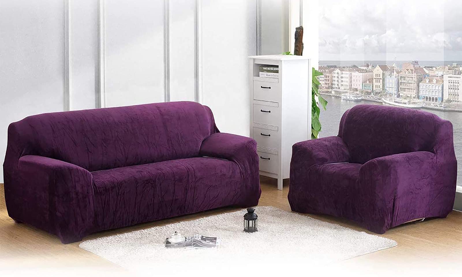 Stretch Velvet Sofa Slipcover - 1/2/3/4 Seater Furniture Protector | Thick Settee Covers for Living Room | Light Purple 3-Seater | Perfect for Home Decor & Pet Protection